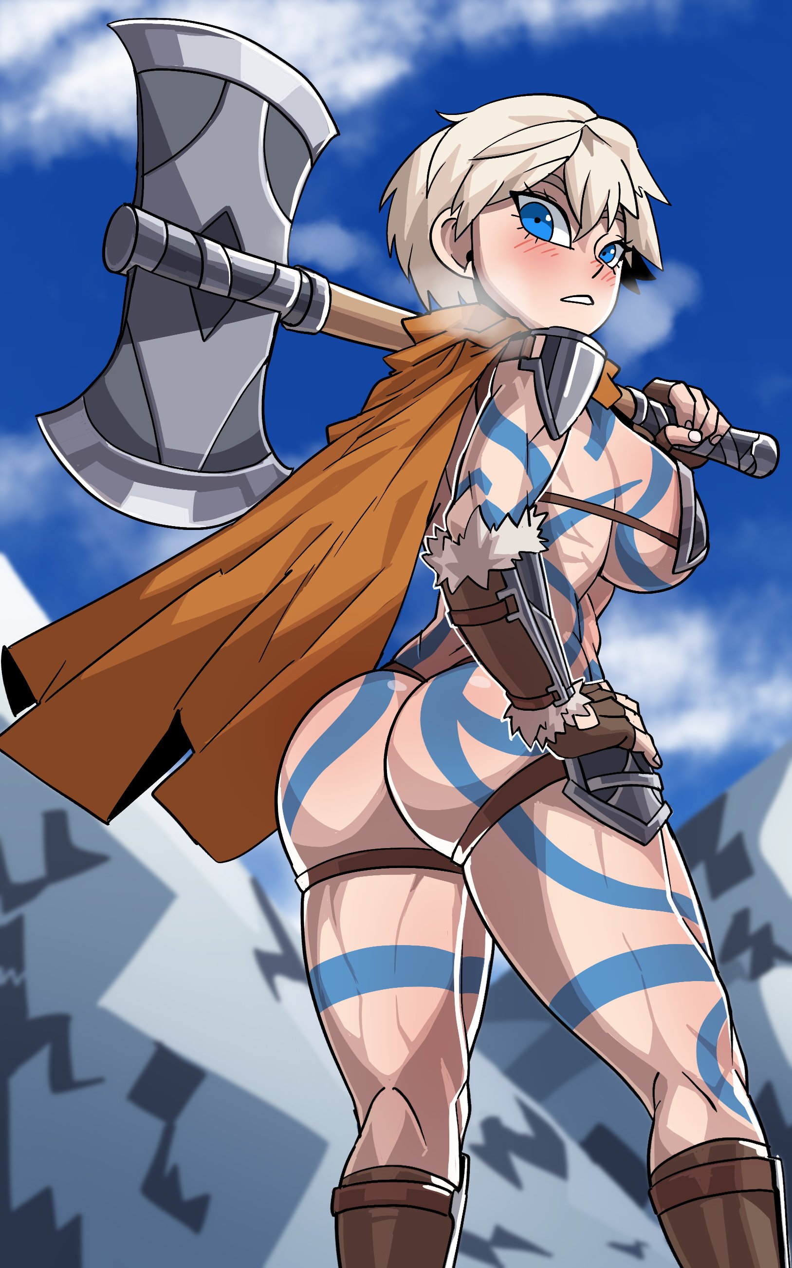 1girls, ass, axe, barbarian, bbtan, bikini armor, blonde hair, blue eyes, blush, bodypaint, breasts, cape, female, female only, light skin, light-skinned female, looking at viewer, looking back, muscular, muscular female, muscular legs, original, original character, outdoors, short hair, sideboob, underboob
