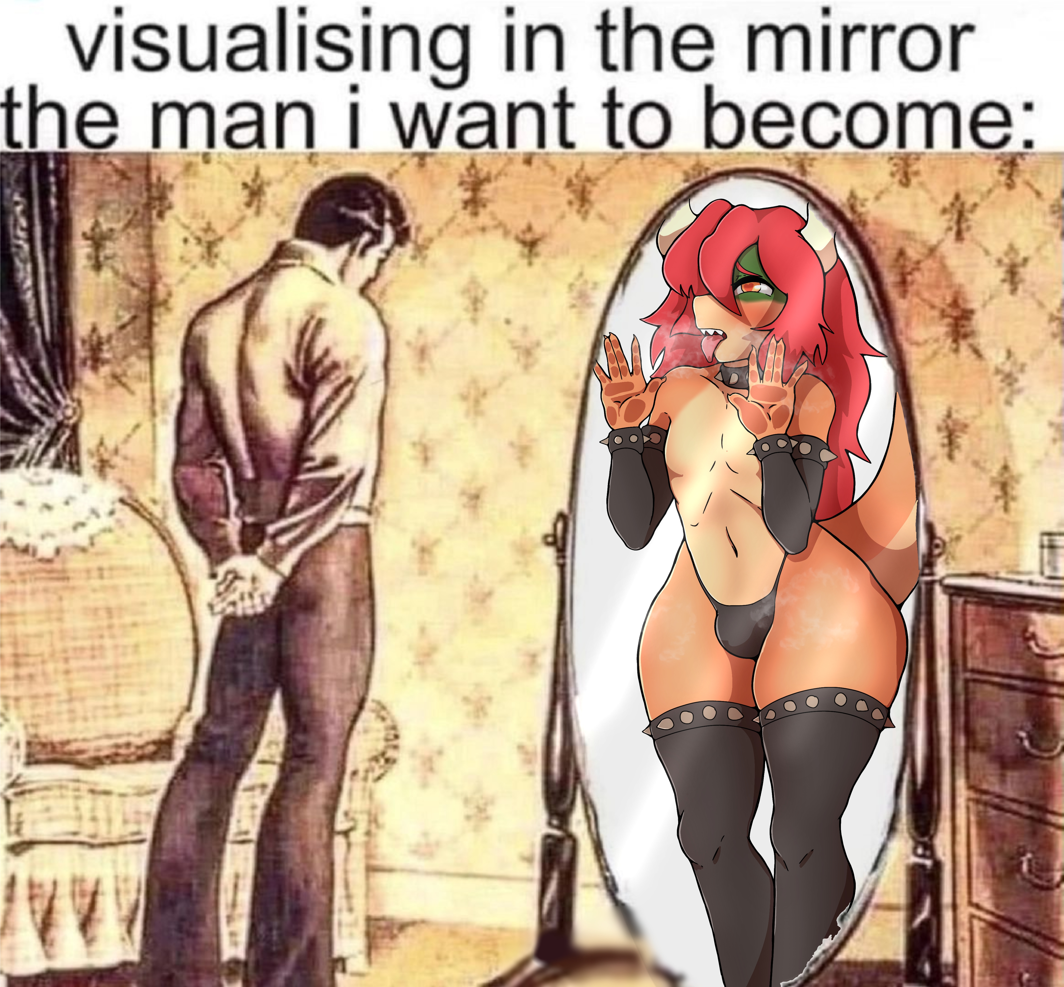 1boy, ahe gao, ass, bowser, bulge, femboy, femboy bowser (oro97), feminine male, frederickjdraws, girly, good boy, human, koopa, long hair, male, male only, mario (series), meme, nintendo, orange body, otoko no ko, red hair, solo, standing, tail, thick ass, thick legs, thick thighs, thighs, wide hips