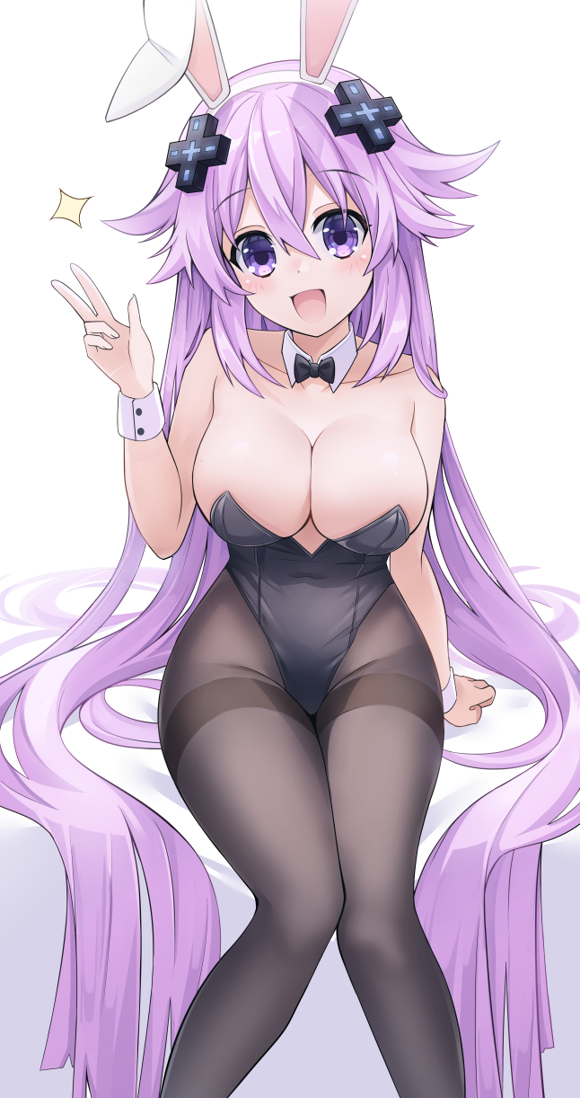 adult_neptune arm_up blush breasts bunny_ears bunnysuit cleavage d-pad_hair_ornament detached_collar female female_only front_view fully_clothed giga-tera leotard light-skinned_female looking_at_viewer neptunia_(series) open_mouth pantyhose peace_sign purple_eyes purple_hair revealing_clothes simple_background skimpy_clothes solo tight_clothing very_long_hair