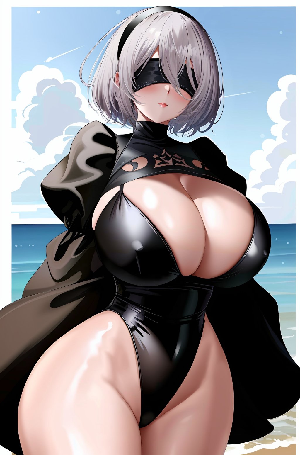 ai generated, ass, beach, black legwear, breasts, charlottes lewds, cleavage, female, huge ass, huge breasts, huge butt, nier: automata, smiling, stable diffusion, swimsuit, voluptuous, water, white hair, wide hips, yorha 2b