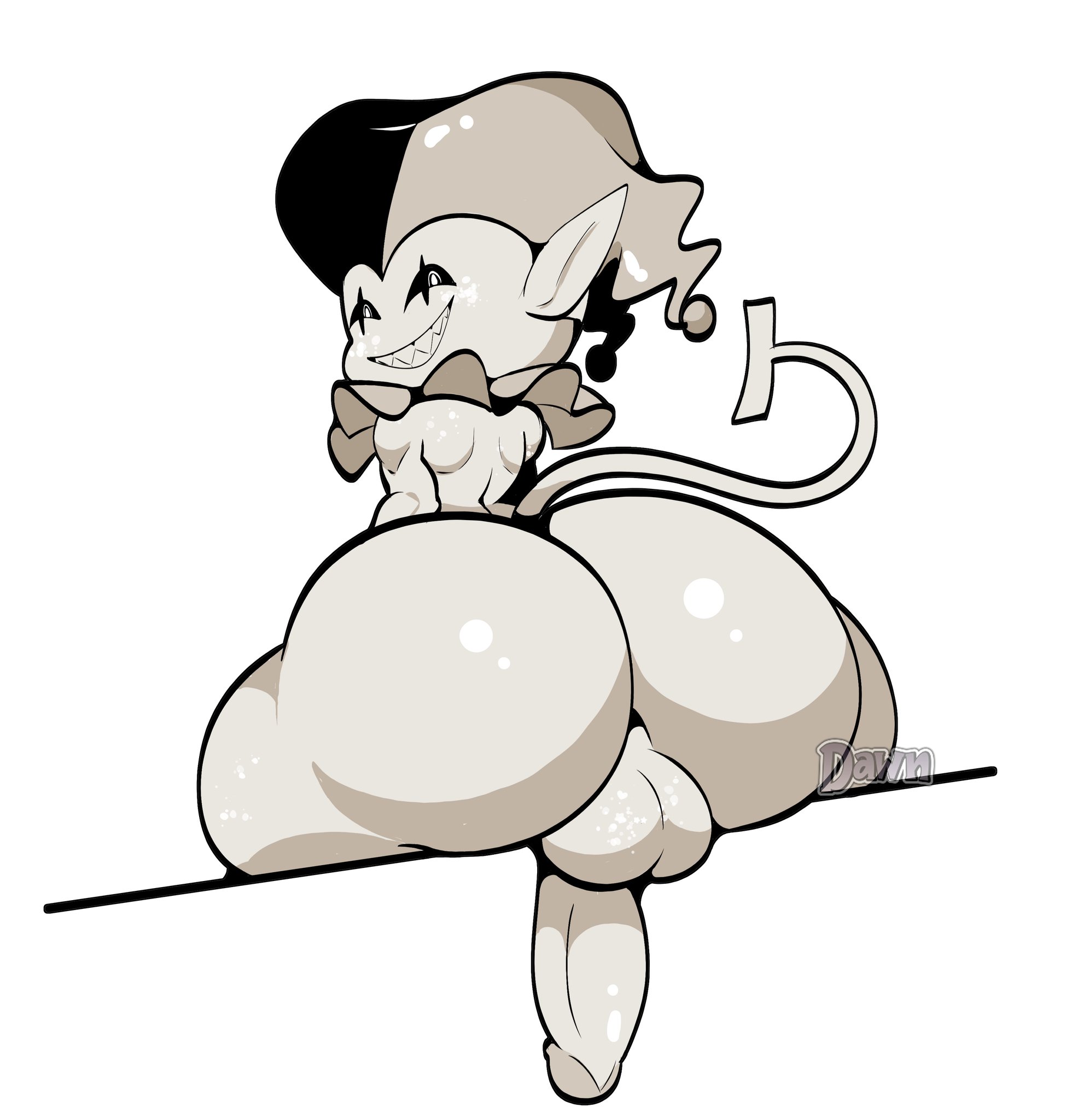 1boy, ass, backsack, balls, ballsack, big ass, big butt, deltarune, fat ass, fat butt, hat, huge ass, huge butt, jevil (deltarune), looking at viewer, looking back, looking back at viewer, male, male only, naked, penis, shortstack, solo, someonelikedawn, tail, thick ass, thick butt, toby fox