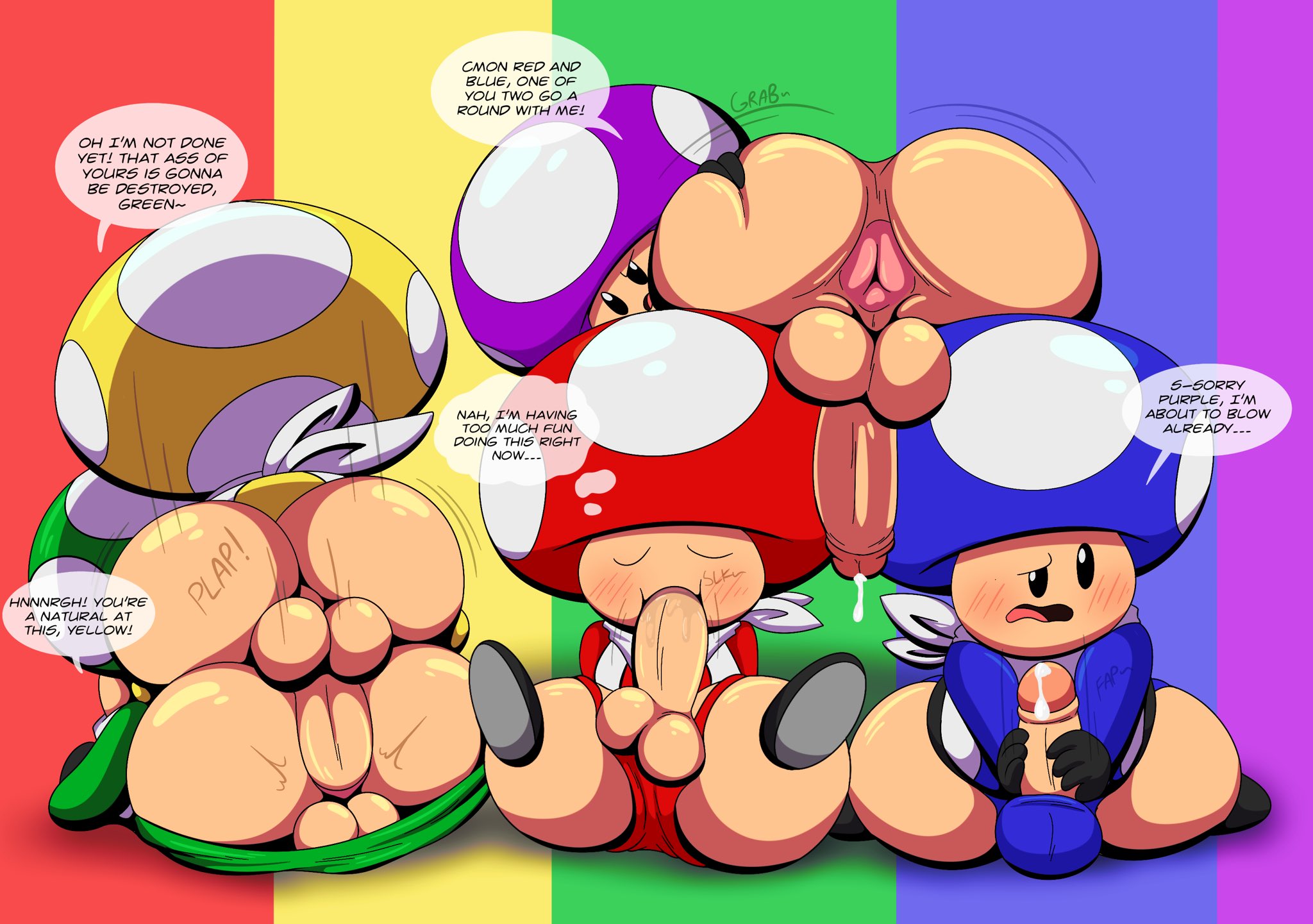 5boys, anus, ass, backsack, balls, ballsack, big ass, big butt, blowjob, blush, cum, dialogue, english text, fat ass, fat butt, gay, grabbing, grabbing ass, grabbing own ass, huge ass, huge butt, legs up, male, male only, mario (series), multiple boys, multiple males, nintendo, paper mario, penis, penis in ass, pride colors, shortstack, simple background, speech bubble, sucking own penis, tepigfan101, text, text bubble, thick ass, thick butt, toad (mario)