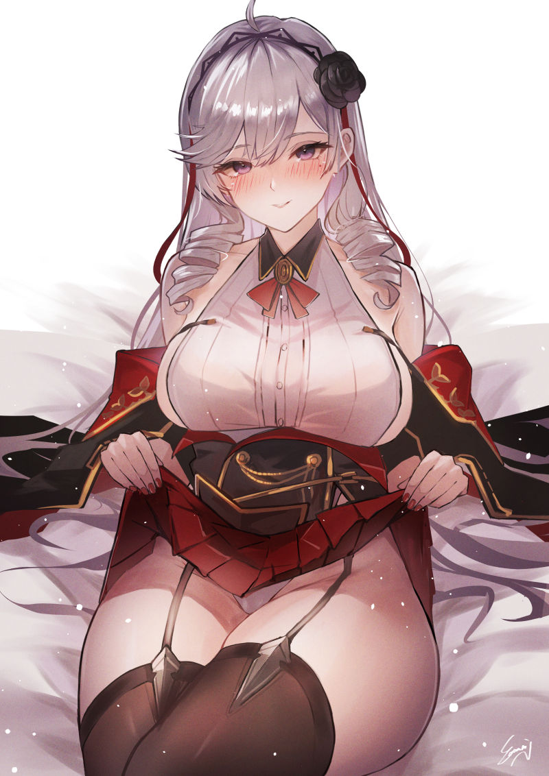 1girls algerie_(azur_lane) azur_lane bare_shoulders black_flower black_thighhighs blush breasts clothes_lift crossed_legs drill_hair drill_sidelocks female female_only flower garter_straps grey_hair large_breasts lifted_by_self light-skinned_female light_skin looking_at_viewer mole mole_under_eye panties pantyshot red_skirt sea_nami sideboob sidelocks skirt skirt_lift smile solo thick_thighs thighhighs underwear vichya_dominion_(azur_lane) white_panties