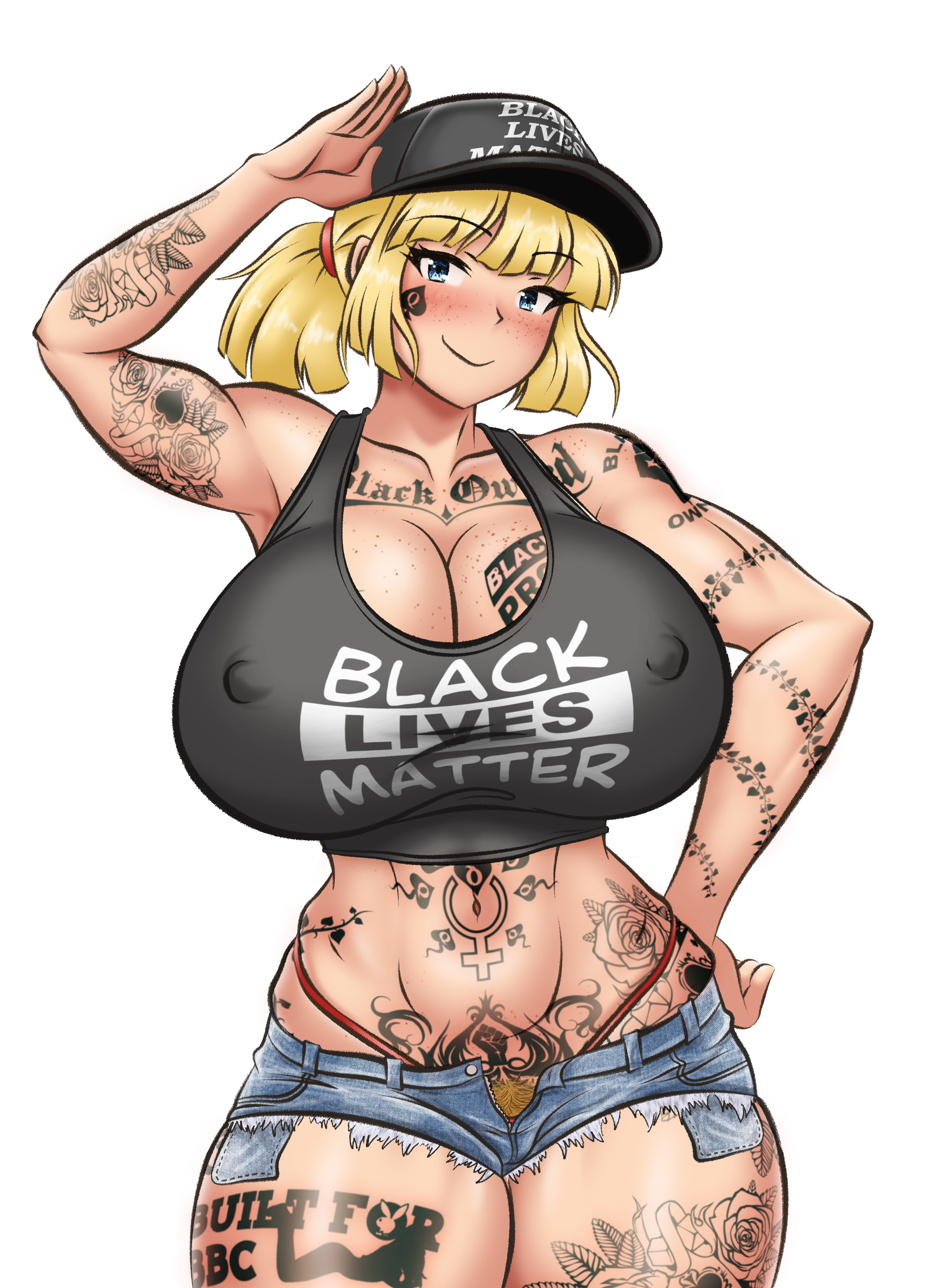 1girls, big breasts, blonde hair, blue eyes, blush, breasts, cap, clothed, clothing, curvaceous, curvy, facial tattoo, fbi ecchi, female, female only, freckles, hat, huge breasts, large breasts, light skin, light-skinned female, looking at viewer, medium hair, nipples visible through clothing, original, original character, ponytail, queen of spades, raceplay, shorts, smile, smiling, solo, solo female, spade tattoo, tattoo, tattoos, tattoos everywhere, thick thighs, thighs, toned, voluptuous, wide hips