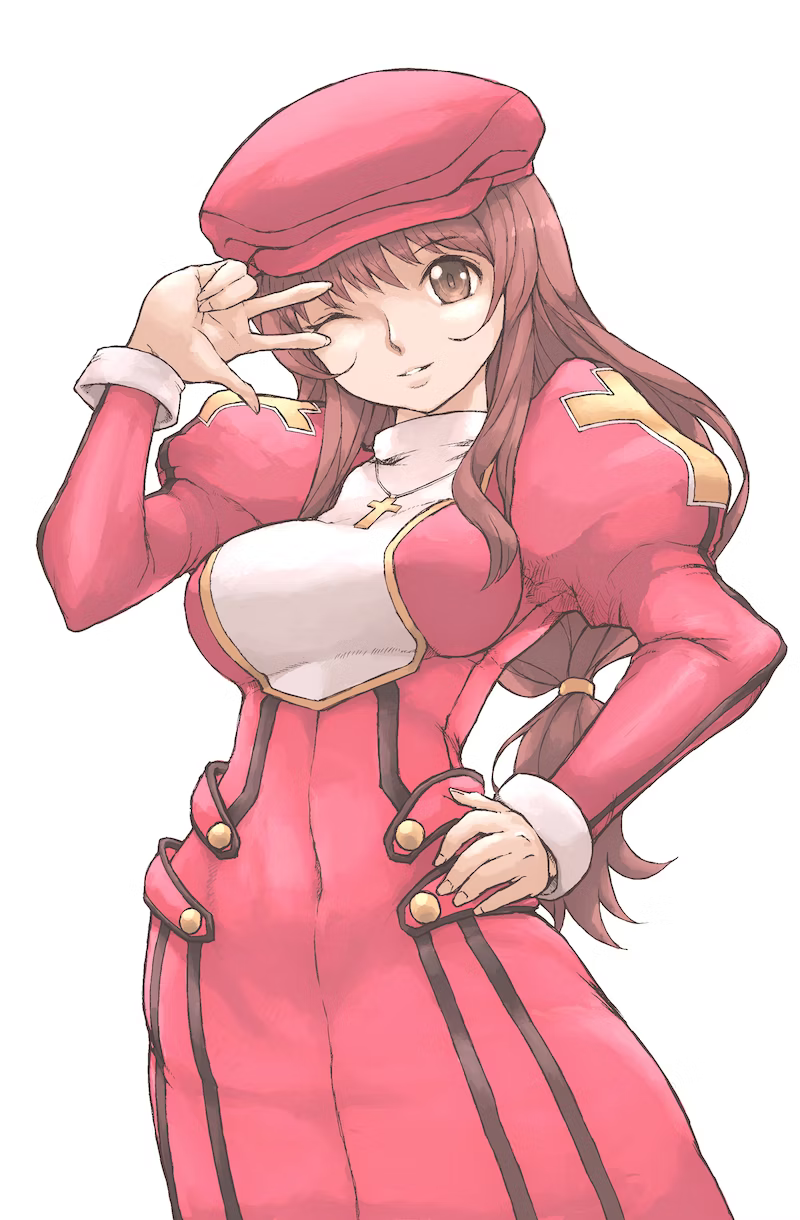 1girls artist_request big_breasts blue_hair breasts brown_eyes brown_hair busty covered_navel dress erica_fontaine female female_only hand_on_hip juliet_sleeves large_breasts long_hair looking_at_viewer nun one_eye_closed parted_lips pose posing puffy_sleeves sakura_taisen sakura_taisen_iii sakura_wars sega smile solo tagme_(artist) v wink