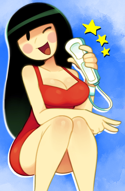 1girls 2023 black_hair blunt_bangs breasts cleavage dress female girl_(rhythm_heaven_fever) long_black_hair long_hair nintendo one_eye_closed readraws reahmi red_dress rekkadraws rhythm_heaven rhythm_heaven_fever sitting solo wiimote