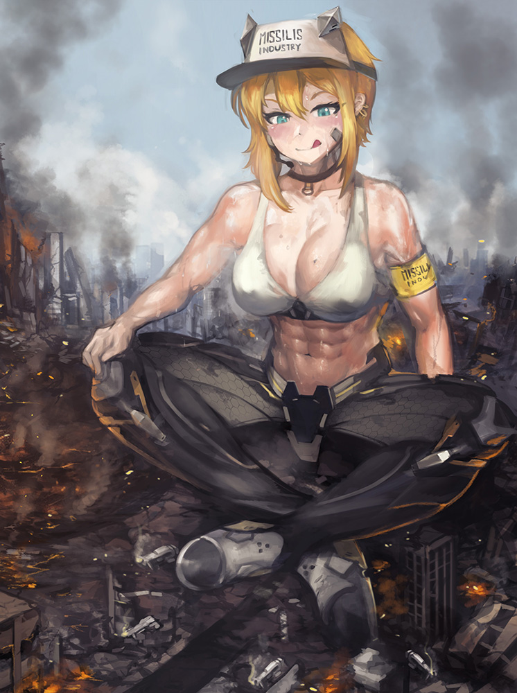 1girls abs blonde_hair blue_eyes blush breasts city cleavage destruction giantess goddess_of_victory:_nikke hat large_breasts licking_lips maxwell_(nikke) muscular muscular_female sitting sweat yilx