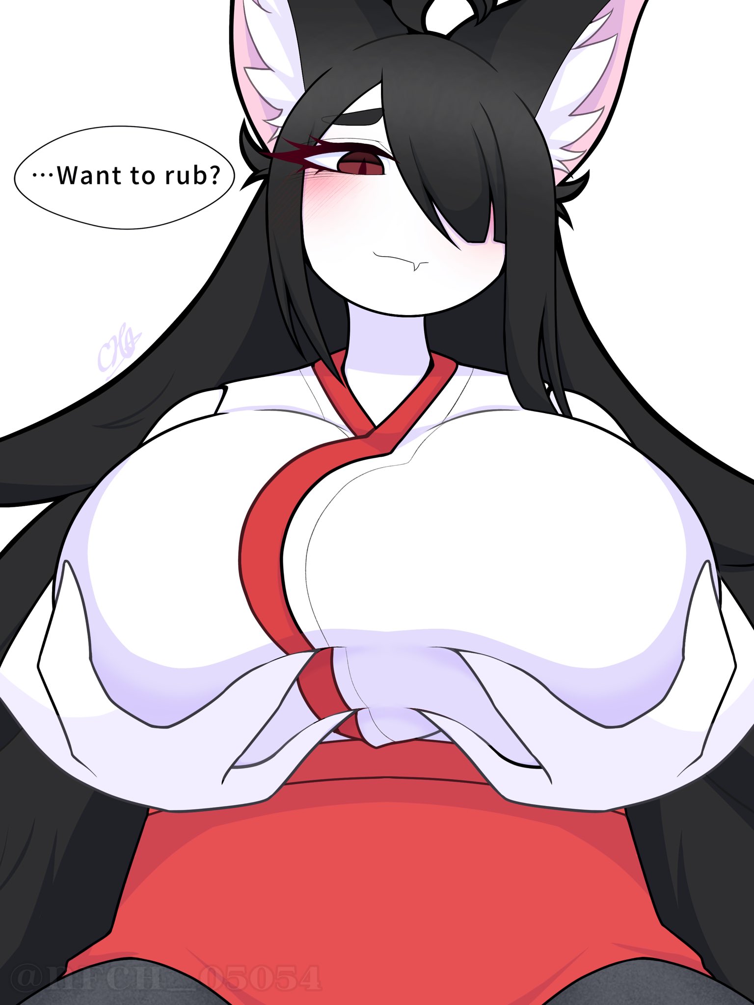 black hair, black-haired female, blush, blush lines, blushing at viewer, breasts, female, fluffy ears, fox, fox ear, fox ears, fox girl, fox humanoid, furry ears, grabbing, grabbing breasts, grabbing own breast, long hair, long-haired female, looking at viewer, mikage (nfch 05054), nfch 05054, one eye covered, one eye obstructed, one eye visible, original, original character, red eyes, text, text bubble, white body, white skin