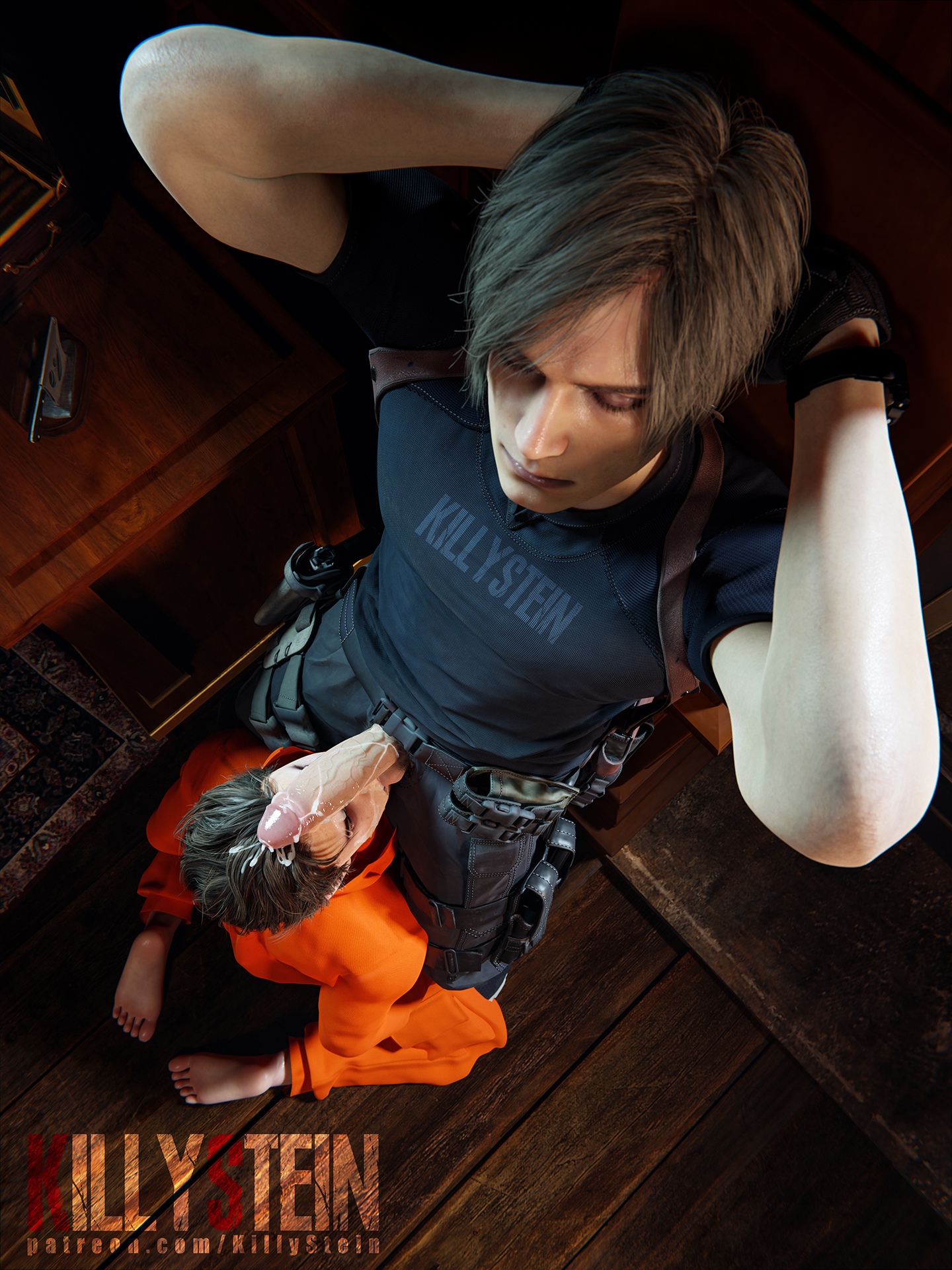 3d, arms up, before blowjob, blonde hair, character request, closed eyes, cop, cum, duo, killystein, leon scott kennedy, male, penis, penis on face, precum, resident evil, resident evil 4, resident evil 4 remake