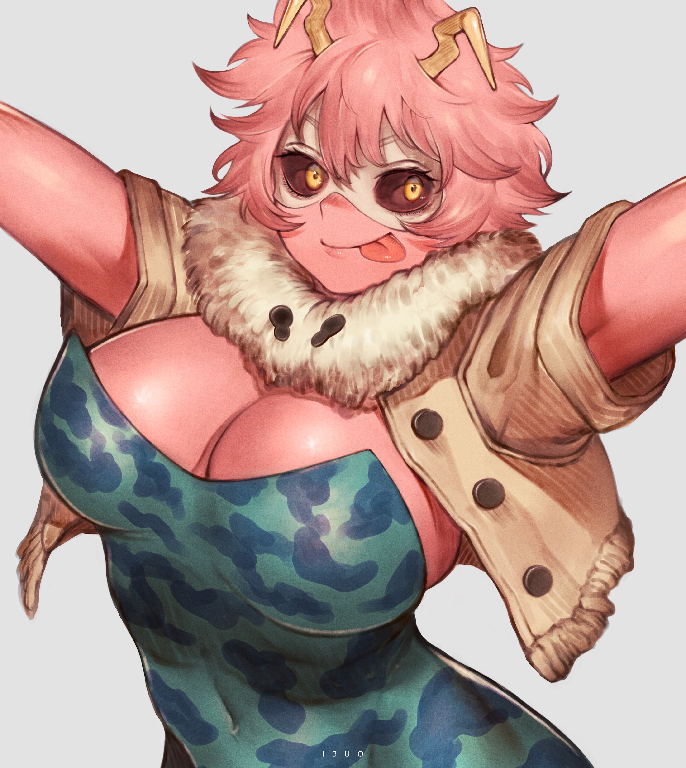 1girls, armpit crease, armpits, big breasts, black sclera, boku no hero academia, breasts, busty, curvaceous, female, female focus, female only, hero outfit (mha), hi res, horns, ibuo, mina ashido, my hero academia, pink hair, pink skin, pink-haired female, solo, solo female, solo focus, tongue, tongue out