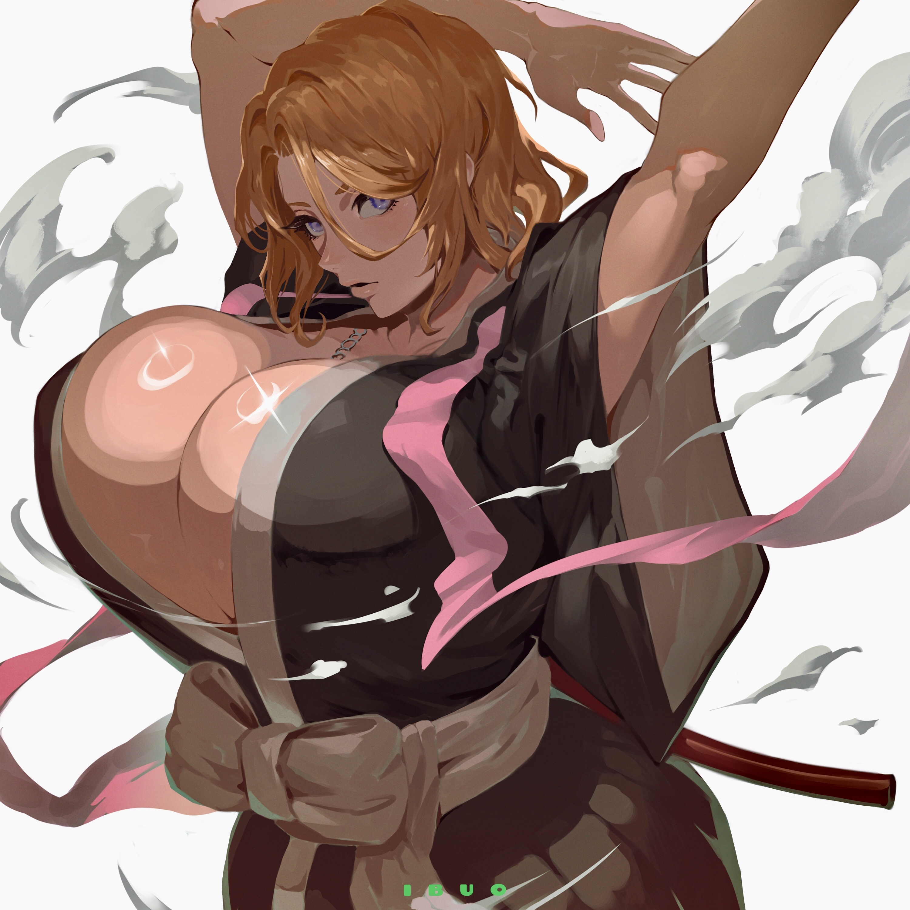 1girls, artist signature, beauty mark, bleach, bleach: the thousand-year blood war, blonde hair, blue eyes, breasts, bulging breasts, busty, cleavage, clothed, female, female only, hi res, huge breasts, ibuo, light skin, light-skinned female, looking at viewer, matsumoto rangiku, mole under eye, short hair, solo, thick lips, voluptuous