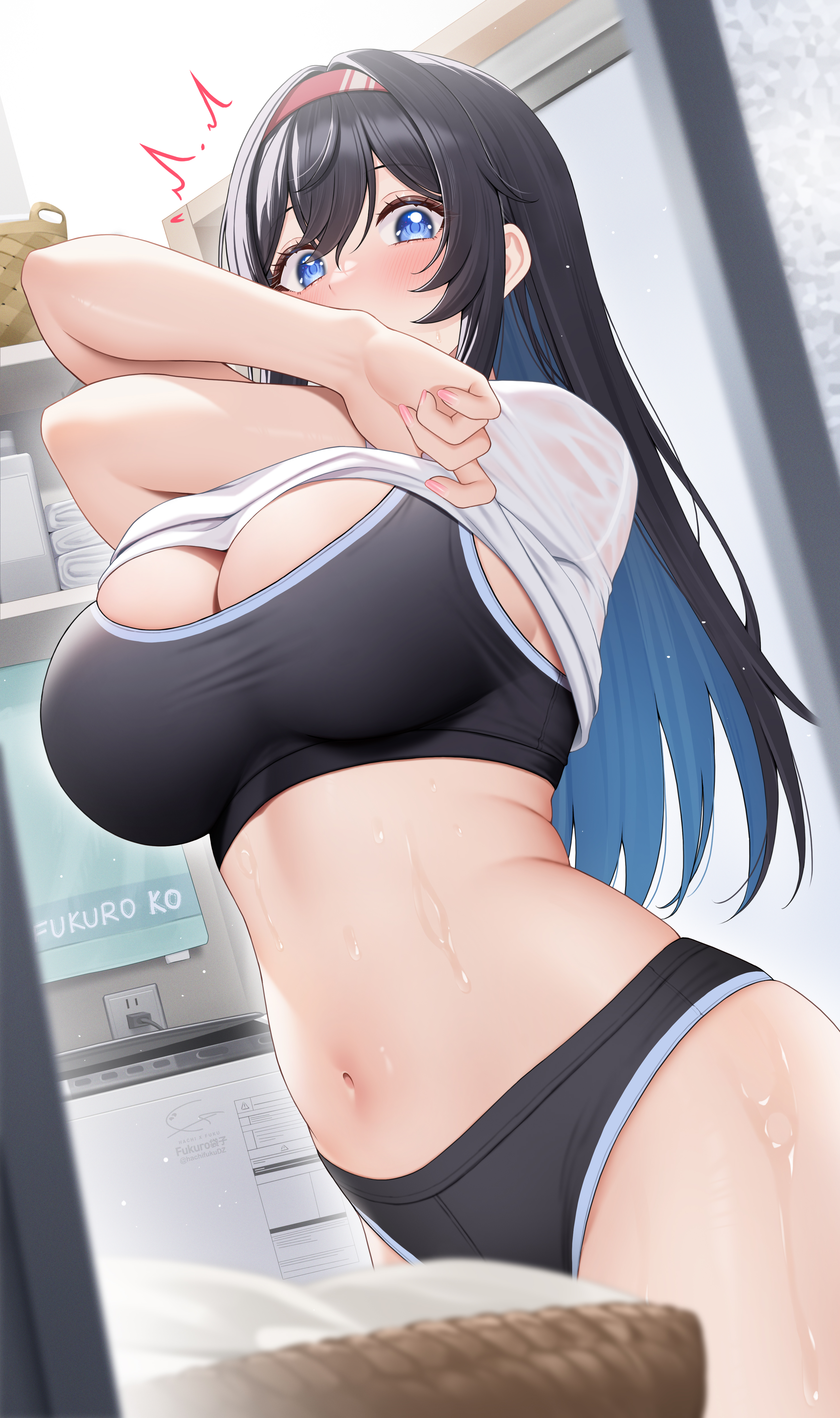 absurdres, artist name, black bra, black hair, black panties, blue eyes, bra, breasts, female, fukuro daizi, hairband, highres, kayoko (fukuro daizi), large breasts, long hair, navel, original, panties, shirt, solo, underwear, undressing, white shirt