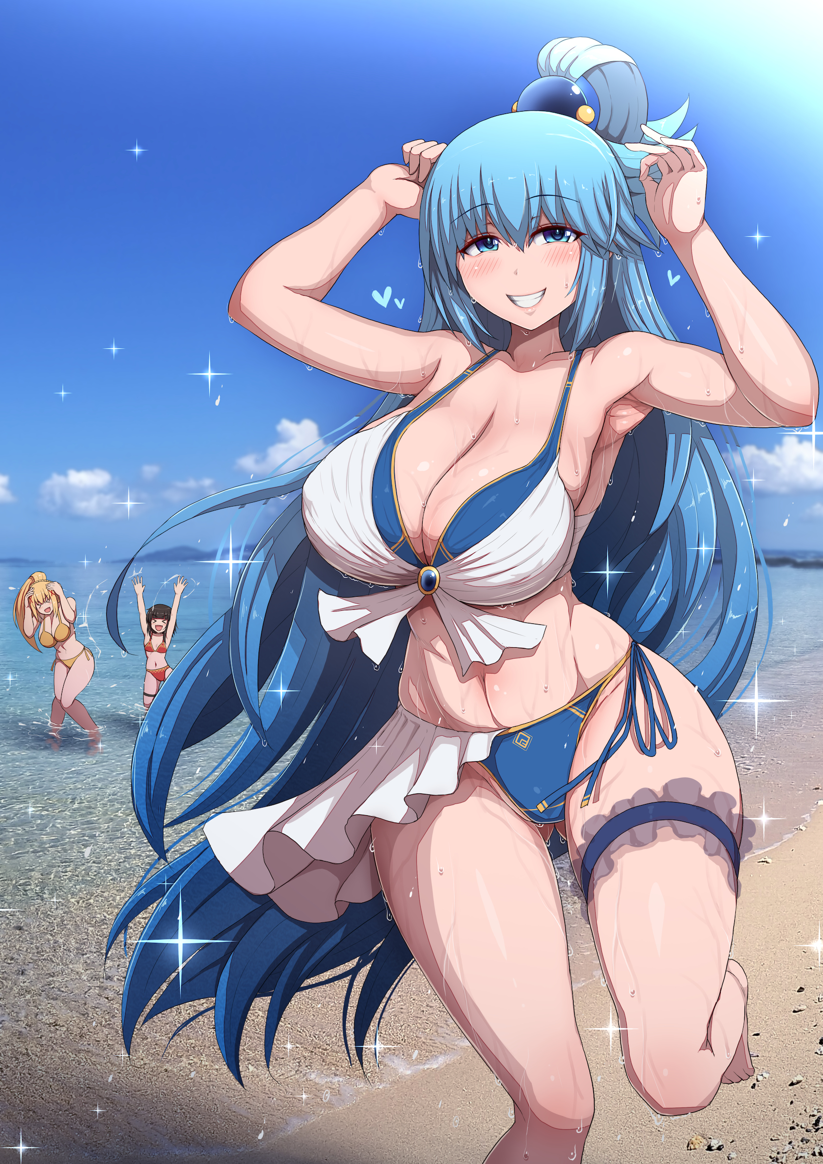 3girls, aqua (konosuba), beach, bikini, blonde hair, blue eyes, blue hair, breasts, brown hair, darkness (konosuba), female, female only, hips, huge breasts, kono subarashii sekai ni shukufuku wo!, long hair, megumin, multiple females, multiple girls, outdoors, ponpo, short hair, solo focus, thick thighs, thighs, wide hips