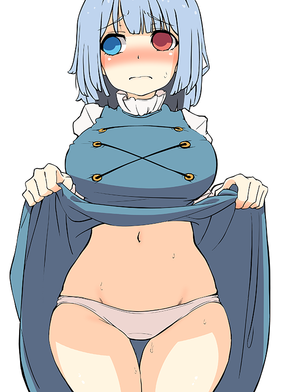 blue_dress blue_eyes blue_hair blue_vest blush breasts clothes_lift commentary_request dress dress_lift female frilled_shirt_collar frills groin heterochromia juliet_sleeves kogasa_tatara large_breasts long_sleeves matching_hair/eyes navel panties puffy_sleeves red_eyes shirt short_hair solo sweat tatara_kogasa thigh_gap torso_(hjk098) touhou underwear vest white_panties white_shirt