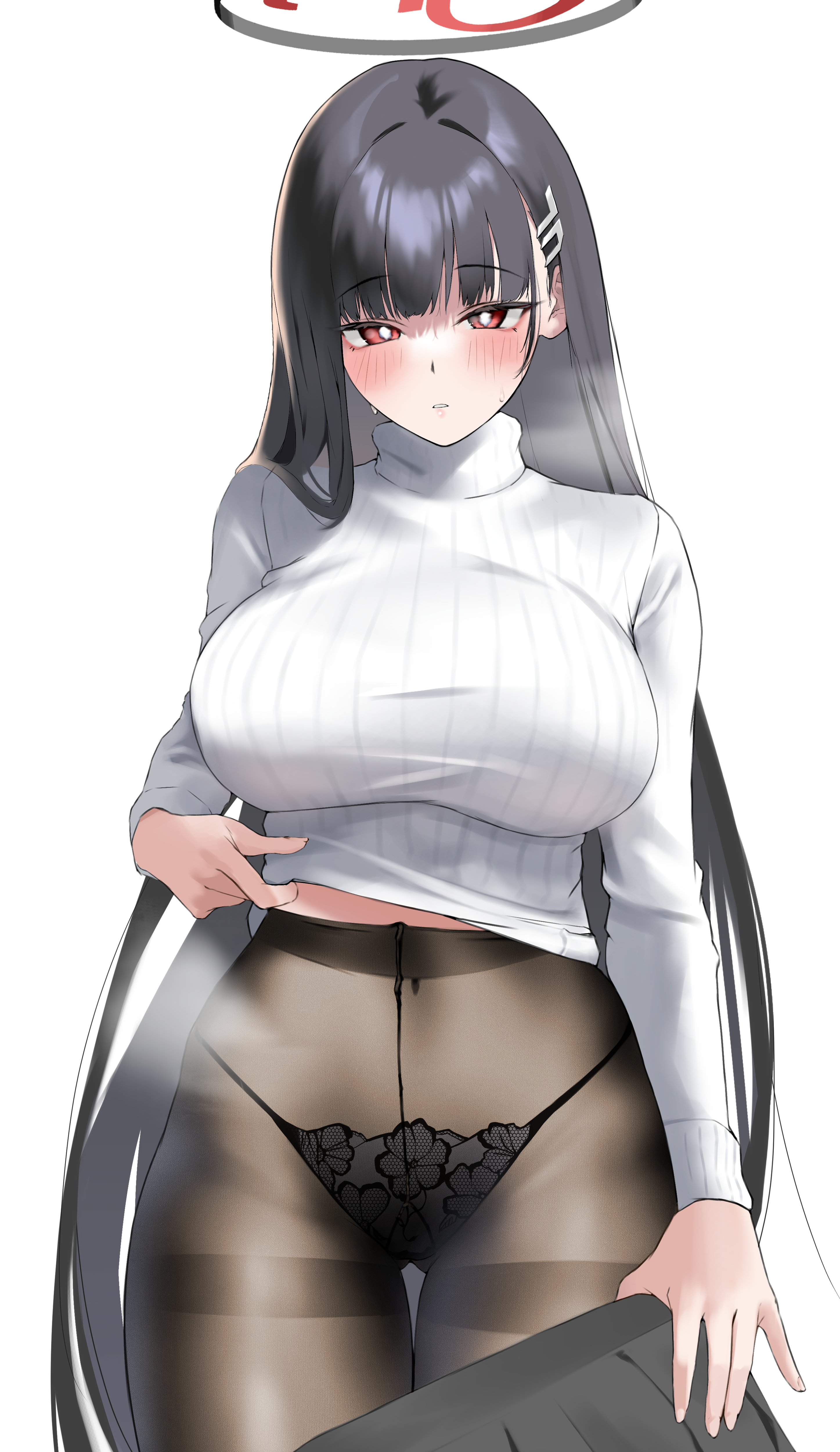absurdres, artist request, black hair, black panties, black pantyhose, blue archive, blush, breasts, clothes pull, desukanure, female, halo, highres, large breasts, long hair, looking at viewer, millennium science school student, panties, panties under pantyhose, pantyhose, red eyes, ribbed sweater, rio (blue archive), seminar (blue archive), seminar president, simple background, skirt, skirt pull, solo, steam, straight hair, sweat, sweater, tagme (artist), thigh gap, turtleneck, turtleneck sweater, underwear, very long hair, white background, white sweater