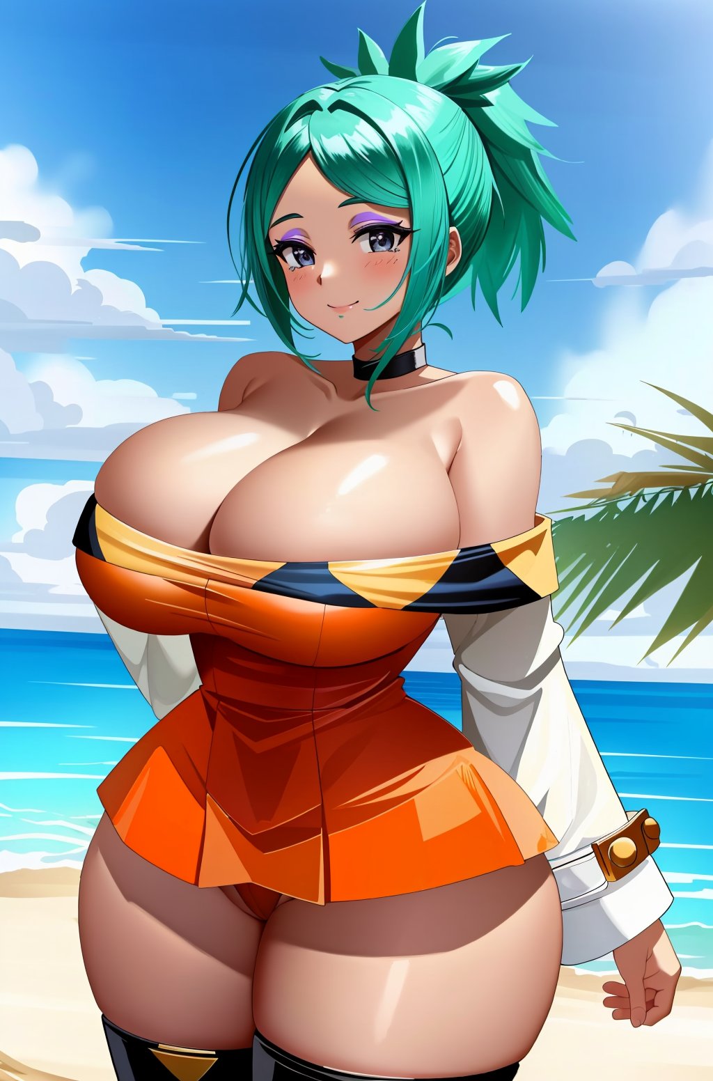 ai_generated beach big_ass big_breasts big_butt cerebella charlottes_lewds huge_ass huge_breasts huge_butt huge_thighs makeup sand skullgirls stable_diffusion tan_body teal_hair water wide_hips