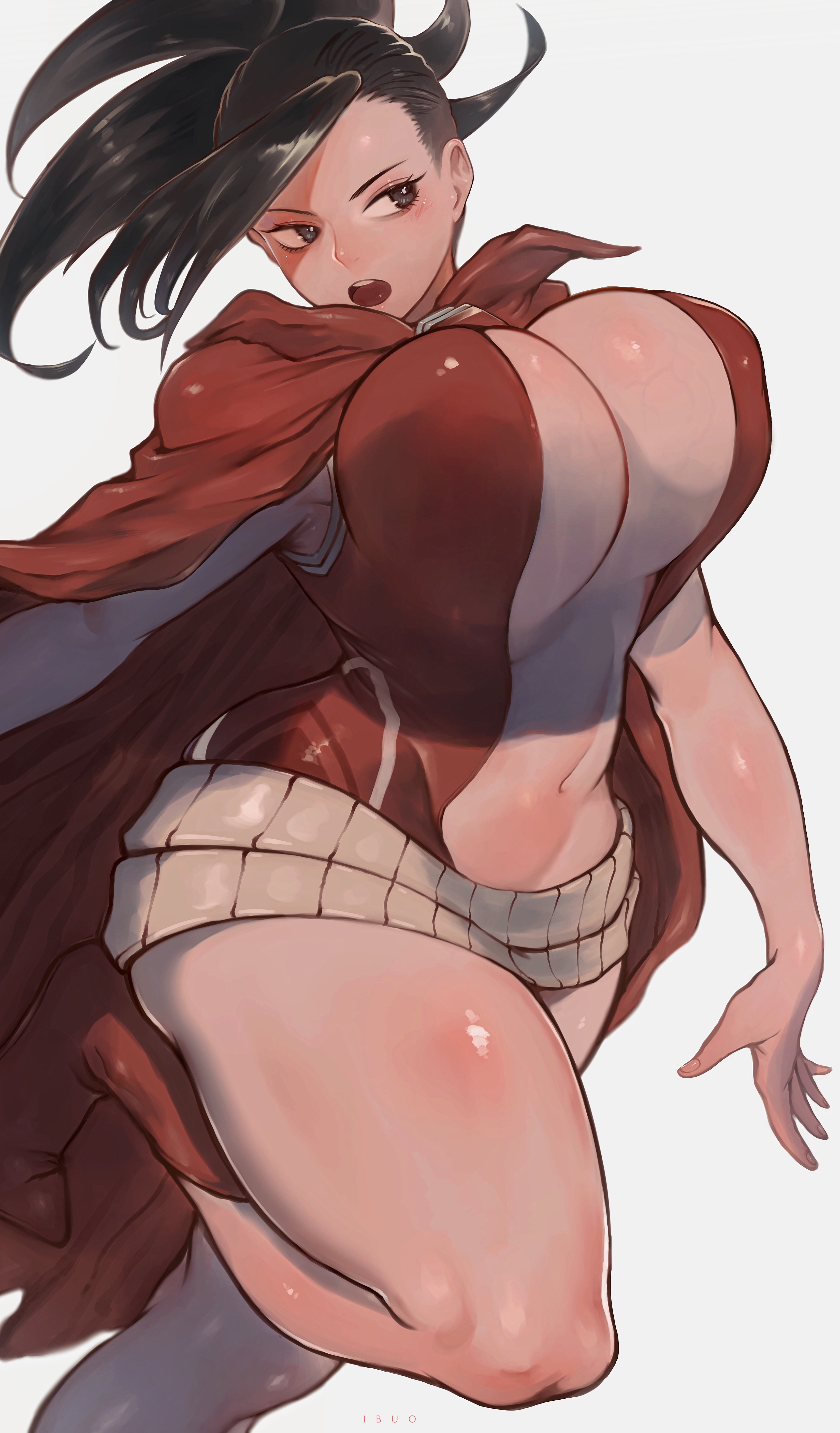 1girls, 2020, belly, belly button, big breasts, big thighs, black hair, black-haired female, blush, boku no hero academia, breasts, cape, curvaceous, curvy, dark hair, female, female focus, female only, hero outfit (mha), hourglass figure, huge breasts, human, human female, ibuo, large breasts, leotard, light-skinned female, long hair, momo yaoyorozu, momo yaoyorozu (hero outfit), my hero academia, open mouth, simple background, slim waist, solo, solo female, solo focus, superheroine, teenager, thick, thick thighs, voluptuous, white background, wide hips