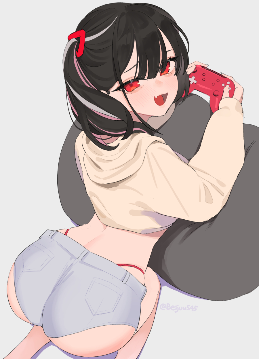 ass beijuu beni-chan_(beijuu) black_hair booty_shorts controller cropped_hoodie cute_fang denim denim_shorts feet_out_of_frame female from_above game_controller grey_background hair_between_eyes highres holding holding_controller holding_game_controller hood hood_down hoodie looking_at_viewer looking_up multicolored_hair oerba_yun_fang open_mouth original panties panty_peek pink_hair red_eyes short_shorts shorts skin_fang sleeves_past_wrists solo switch_pro_controller textless_version underwear white_hair