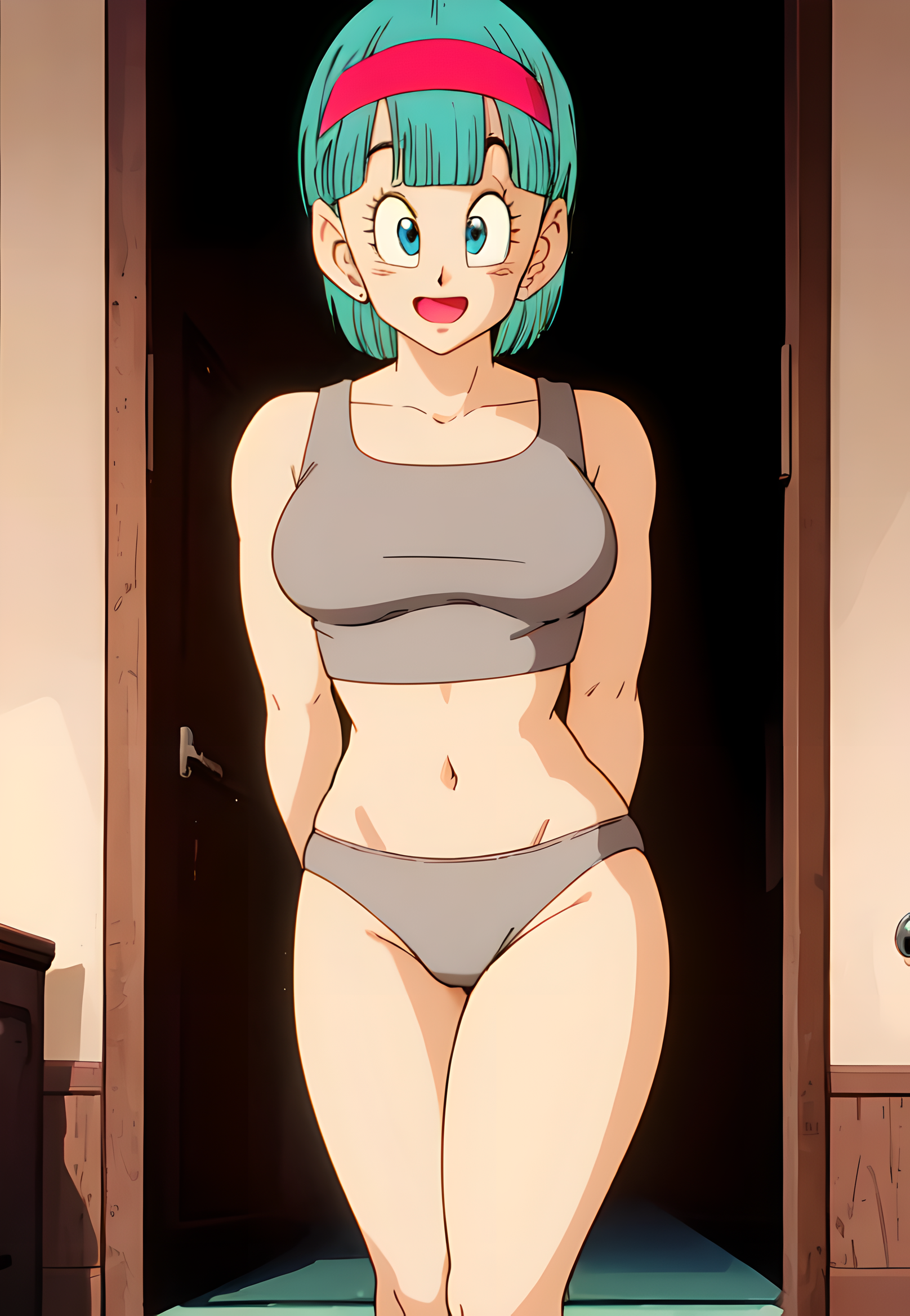 1girls, ai generated, aqua eyes, aqua hair, arms behind back, bare arms, bare shoulders, belly, blue eyes, blue hair, bra, bulma, bulma briefs, bulma briefs (frieza saga), diadem, dragon ball, dragon ball z, female, fringe, hairband, imminent deepthroat, imminent oral, light skin, light-skinned female, looking at viewer, medium hair, navel, open mouth, open smile, oral, panties, petite, seductive look, short hair, slim, smile, sports bra, subaruarm, thick thighs, thighs, turquoise eyes, turquoise hair, underwear