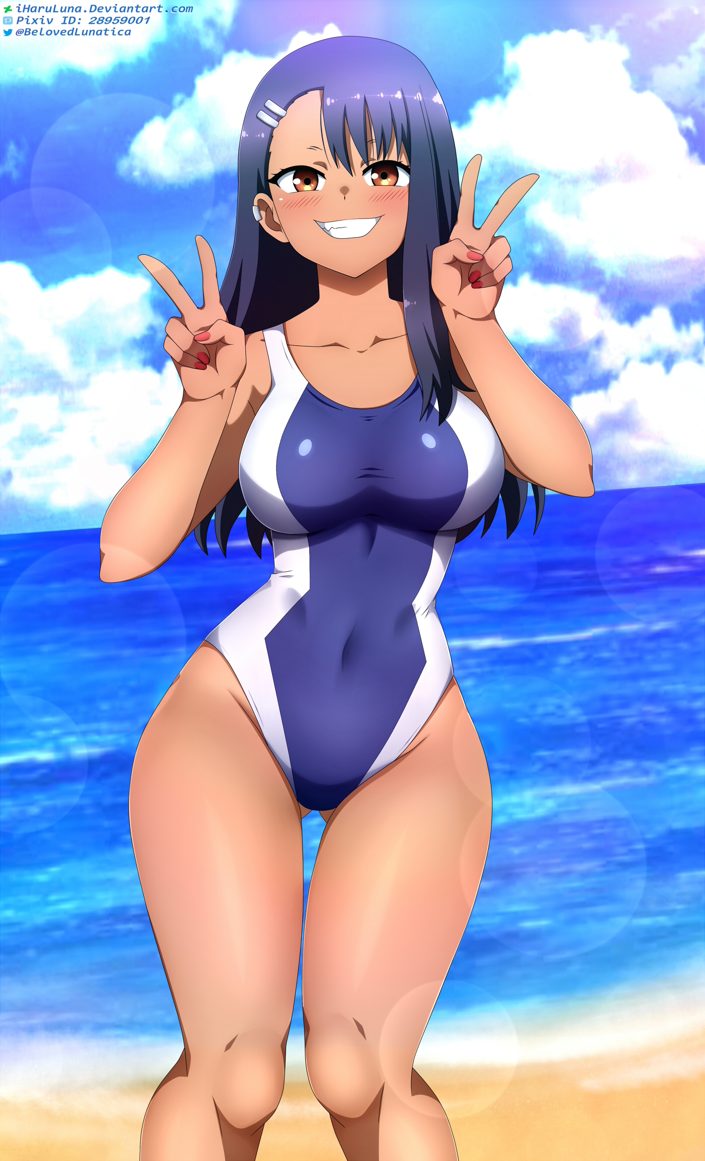 1girls, big breasts, black hair, blush, breasts, brown eyes, clothed, clothing, curvy, earrings, female, female focus, female only, hayase nagatoro, hi res, highres, iharuluna (artist), long hair, looking at viewer, navel, ocean, peace sign, please don't bully me, nagatoro, revealing clothes, simple background, solo, standing, swimsuit, tan, tan body, tan skin, tan-skinned female, tanned, tanned female, watermark, wide hips