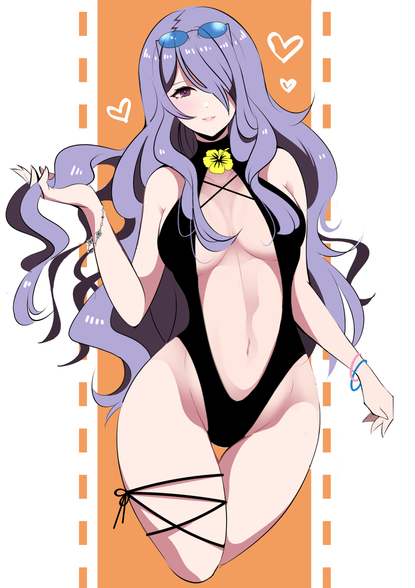 1girls alternate_costume bare_shoulders bare_thighs black_slingshot_swimsuit black_swimsuit bracelet breasts camilla_(fire_emblem) eyewear_on_head fe135700 female female_only fire_emblem fire_emblem_fates flower hair_over_one_eye heart highres holding_own_hair jewelry large_breasts long_hair navel nintendo parted_lips purple_hair slingshot_swimsuit smile solo sunglasses swimsuit thighs very_long_hair yellow_flower