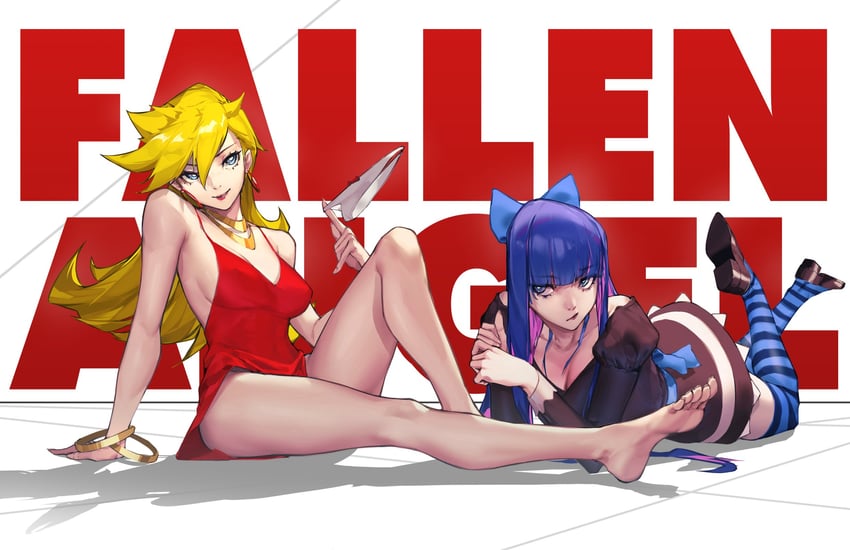 2023, 2d, 2d (artwork), 2girls, angel, angel girl, angels, artist request, barefoot, blonde hair, blue eyes, blue hair, clothed, clothed female, dress, feet, female, female only, kunomd, legs, panties, panties removed, panty & stocking with garterbelt, panty anarchy, purple hair, questionable, sisters, stocking anarchy, text, white background
