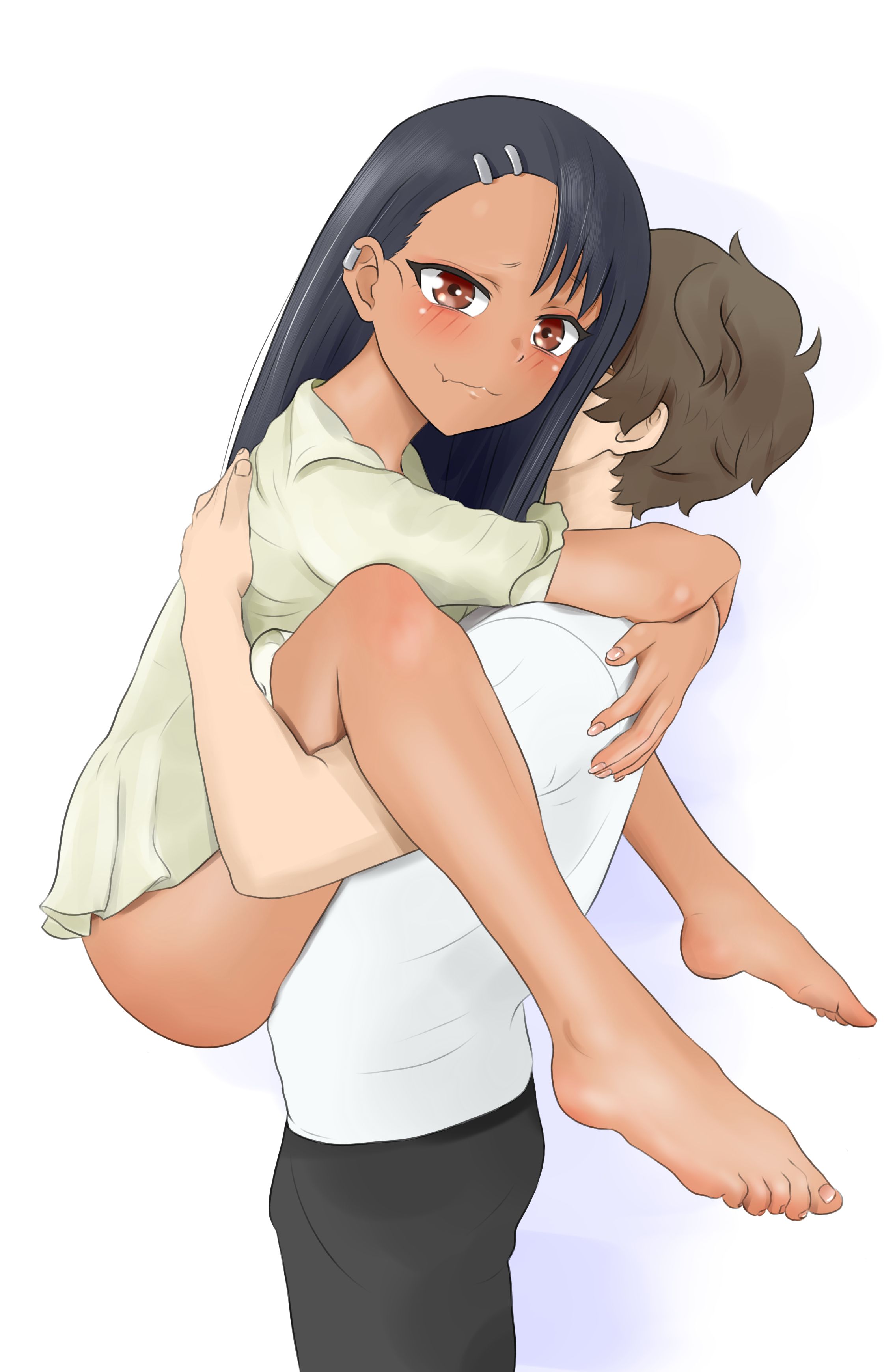 1boy, 1girls, ass, black hair, blush, breasts, brown eyes, brown hair, clothed, clothing, earrings, female, hayase nagatoro, hi res, highres, long hair, looking at viewer, male, naoto hachioji (senpai), please don't bully me, nagatoro, revealing clothes, shirow (mha03133), short hair, simple background, small breasts, smile, tan, tan body, tan skin, tan-skinned female, tanned, tanned female, white background