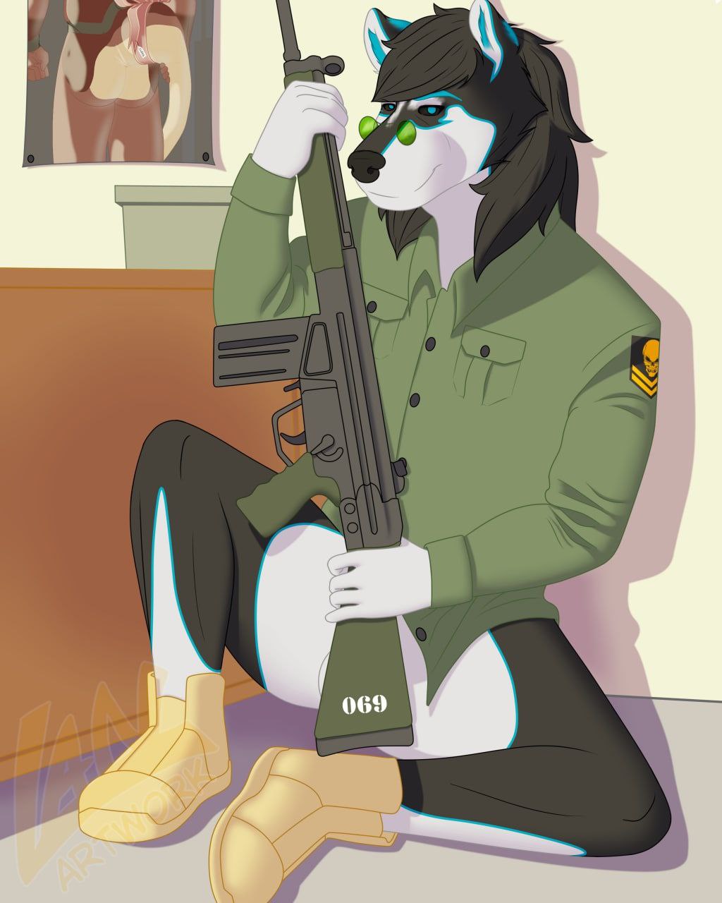 anthro ass balls black_body black_fur black_sclera blue_eyes blue_lines canid canine canis chris_husky domestic_dog eyewear fur genitals glasses gun hi_res husky landix_artwork male mammal nordic_sled_dog ranged_weapon solo spitz spread_legs spreading weapon white_body white_fur