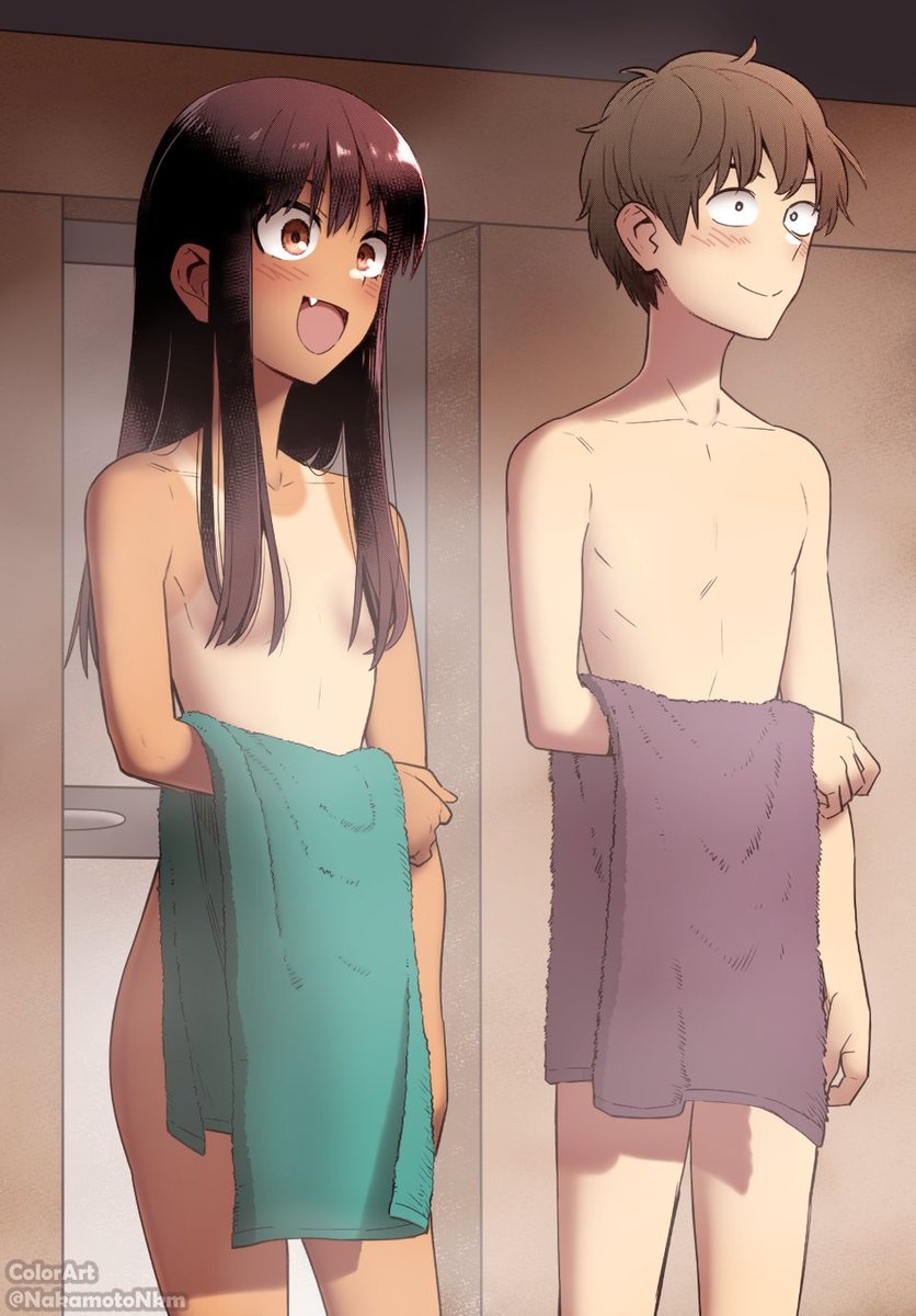 1boy, 1girls, 774 (nanashi), black hair, blush, breasts, brown eyes, brown hair, fangs, female, hayase nagatoro, hi res, highres, long hair, male, nakamotonkm, naoto hachioji (senpai), onsen, open mouth, please don't bully me, nagatoro, short hair, simple background, small breasts, standing, tan, tan body, tan skin, tan-skinned female, tanline, tanned, tanned female, watermark