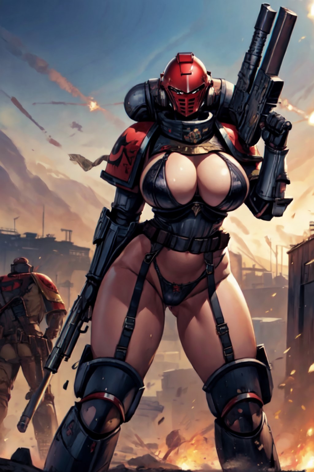 1girls adeptus_astartes ai_generated armor armored_boots armored_gloves armwear battlefield big_breasts big_thighs boots breasts cleavage curvaceous curvy curvy_female curvy_figure destroyed_city female female_focus female_space_marine fire firearm garter_straps gloves greaves gun helmet hourglass_figure huge_breasts human imperium_of_man large_breasts large_thighs legwear lingerie lingerie_armor no_pants outside pauldrons pinup pose rule_63 sci-fi science_fiction scifi sk300 soldier solo solo_female solo_focus space_marine stable_diffusion thick_thighs thong voluptuous warhammer_(franchise) warhammer_40k weapon wide_hips