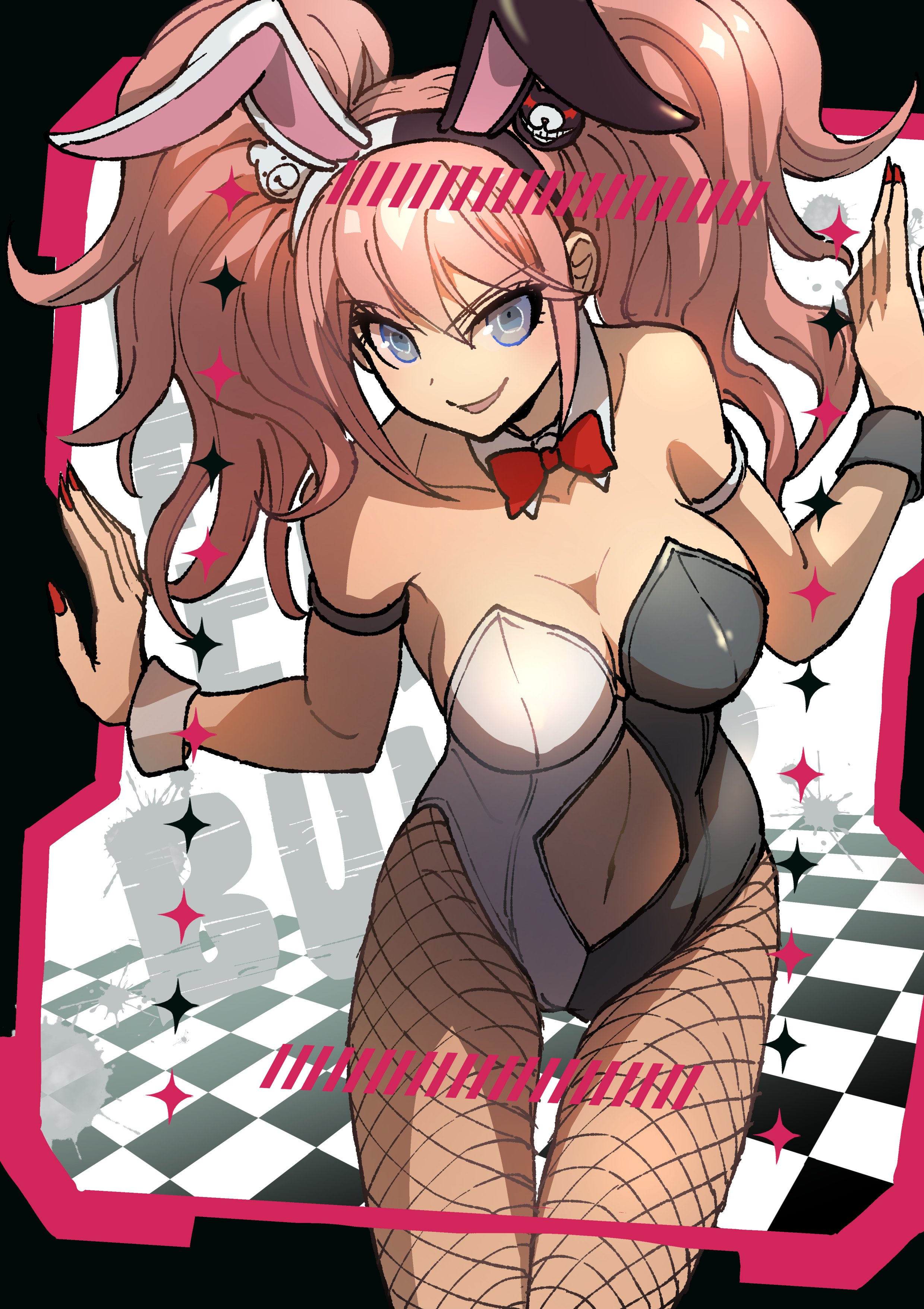 :d, 1girls, alternate costume, animal ears, bangs, bare shoulders, bear hair ornament, black leotard, blonde hair, blue eyes, bow, bowtie, breasts, bunnysuit, checkered floor, cleavage, collarbone, cowboy shot, danganronpa, danganronpa (series), danganronpa: trigger happy havoc, detached collar, fake animal ears, female, fishnet pantyhose, fishnets, hair ornament, hands up, hi res, junko enoshima, large breasts, leotard, long hair, looking at viewer, nail polish, navel, navel cutout, official alternate costume, open mouth, pantyhose, playboy bunny, rabbit ears, red bow, red bowtie, red nails, shiny, shiny hair, smile, solo, strapless, strapless leotard, thigh gap, tsunemi aosa, twintails, white leotard, wrist cuffs, youko-shima