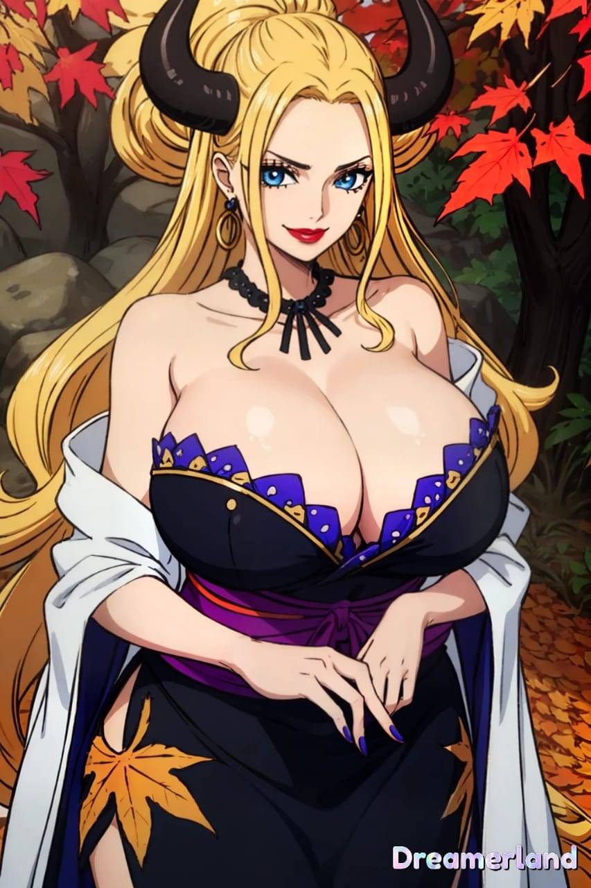 ai_generated ai_hands beast_pirates black_maria blonde_hair blue_eyes breasts cleavage female female_only giantess horns large_breasts one_piece sidneyxxxx wano_country