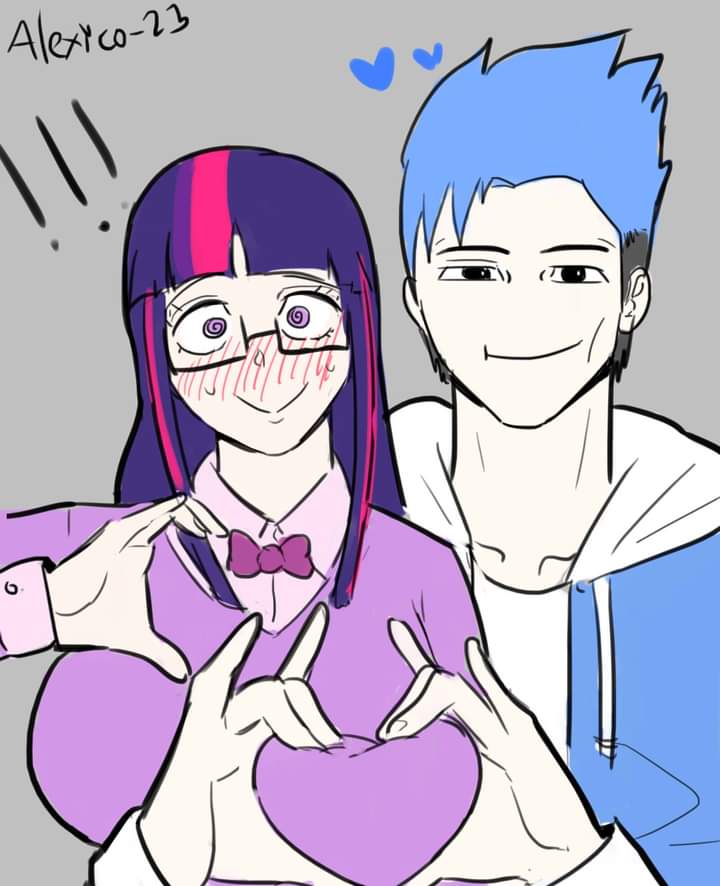 1boy 1girls 2023 2_hearts alexico_roadagain big_breasts blue_hair blush cartoon_network clothed_female clothed_male embarrassed embarrassed_female friendship_is_magic glasses heart heart-shaped_boob_challenge humanized looking_at_viewer mordecai_(regular_show) mordetwi my_little_pony purple_hair regular_show roblox shipping smile smiling touching_breast twilight_sparkle_(mlp) two_tone_hair