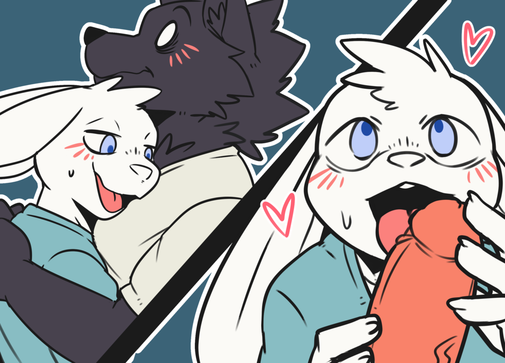 2boys anthro blowjob blush blush_lines blushing canid canine canis cuddling duo fellatio femboy femboysub genitals grabbing_penis group hearts hearts_around_head holding_penis i_think_i_like_you interspecies lagomorph leon_(i_think_i_like_you) licking licking_penis male male/male mammal nervous nervous_smile nervous_sweat penis pov predator/prey rabbit saku1saya simple_coloring sky_(i_think_i_like_you) sweat sweatdrop wolf yaoi