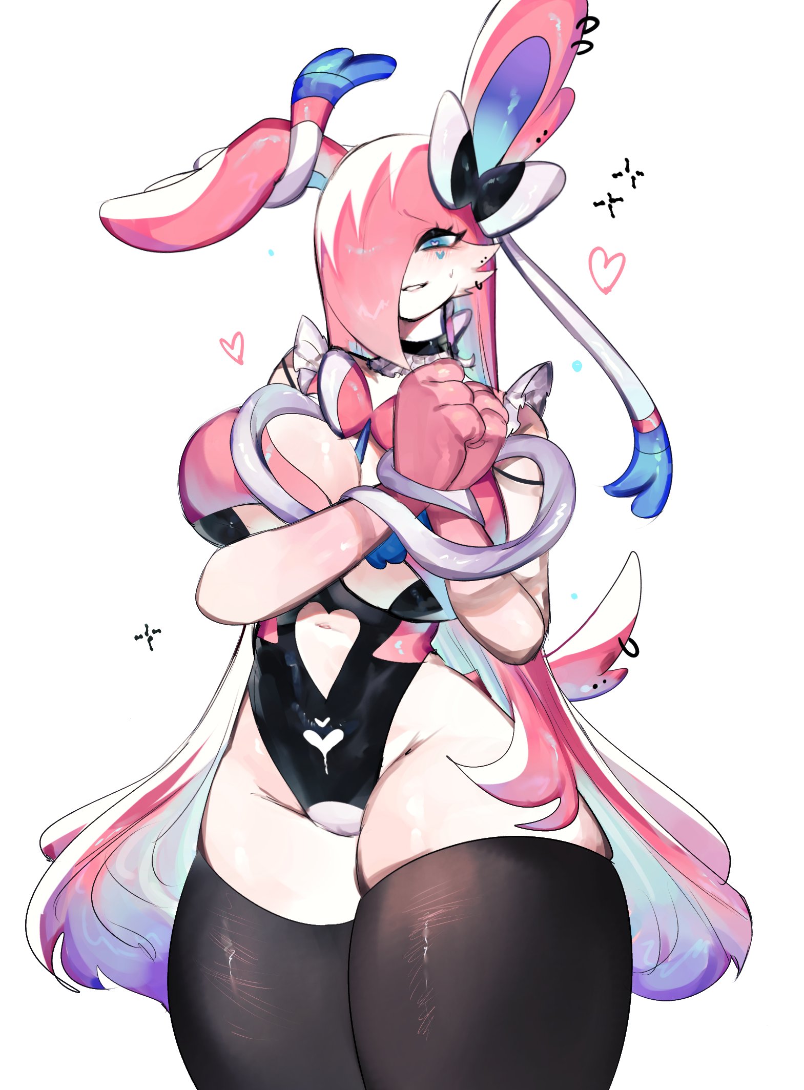 anthro, ass, big breasts, breasts, bunnysuit, cameltoe, clothing, eeveelution, female, fusion, gardevoir, heart, huge ass, long hair, looking at viewer, nintendo, pink hair, pokémon (species), pokefusion, pokemon, pokemon (species), pussy, smile, smiling, solo, sylveon, togetoge, white background