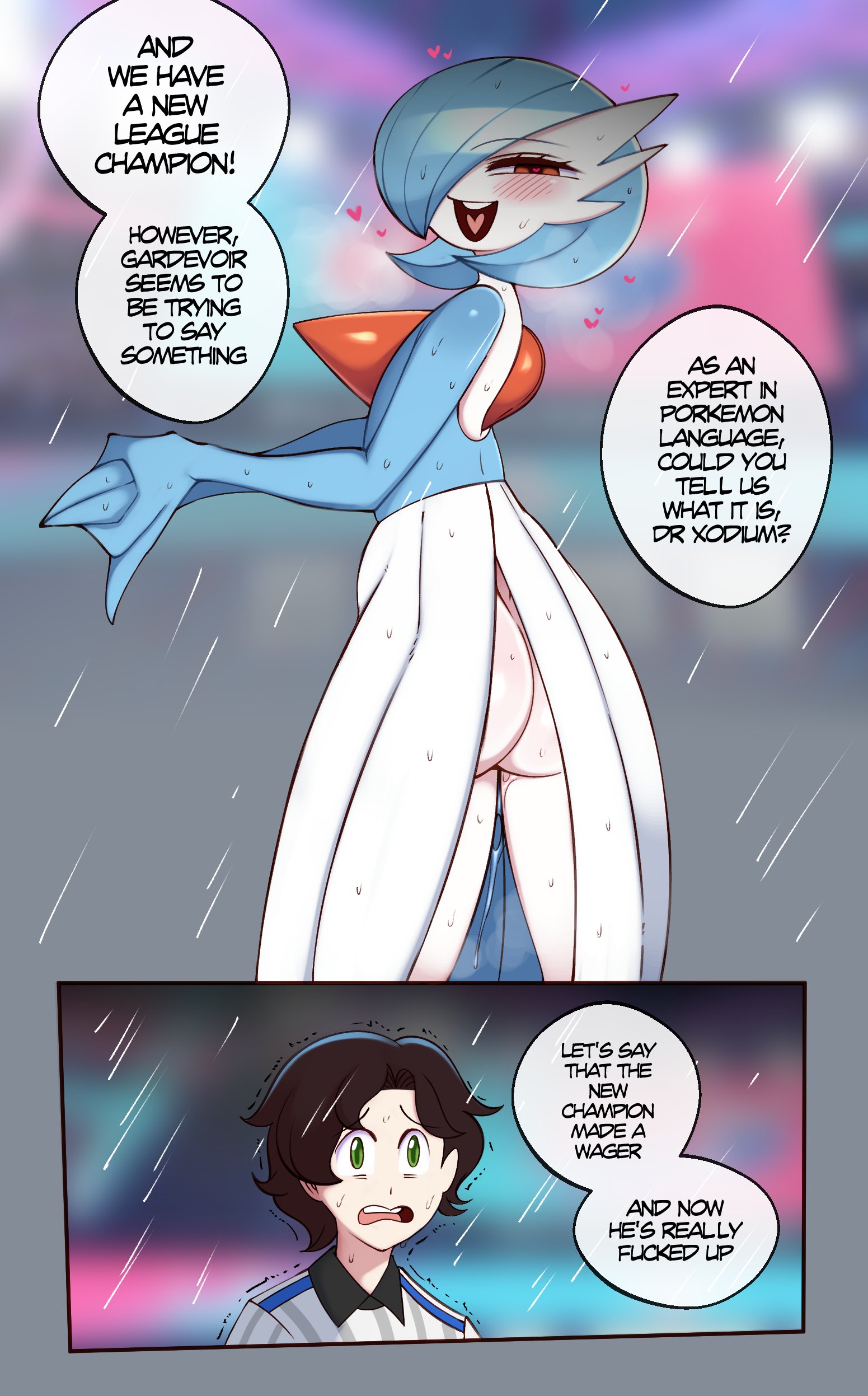 1boy, 1girls, ass, ass crack, big ass, big butt, blush, blushing, butt crack, dialogue, english text, female, gardevoir, heart-shaped pupils, hearts around head, horny, horny male, human, humanoid, large ass, male, one eye obstructed, pokémon (species), pokemon, pokemon (species), pussy, rain, saltyxodium, shiny gardevoir, shiny pokemon, sweating, tagme, terrified, text, thick ass, wet, wet body, wet pussy, wet skin