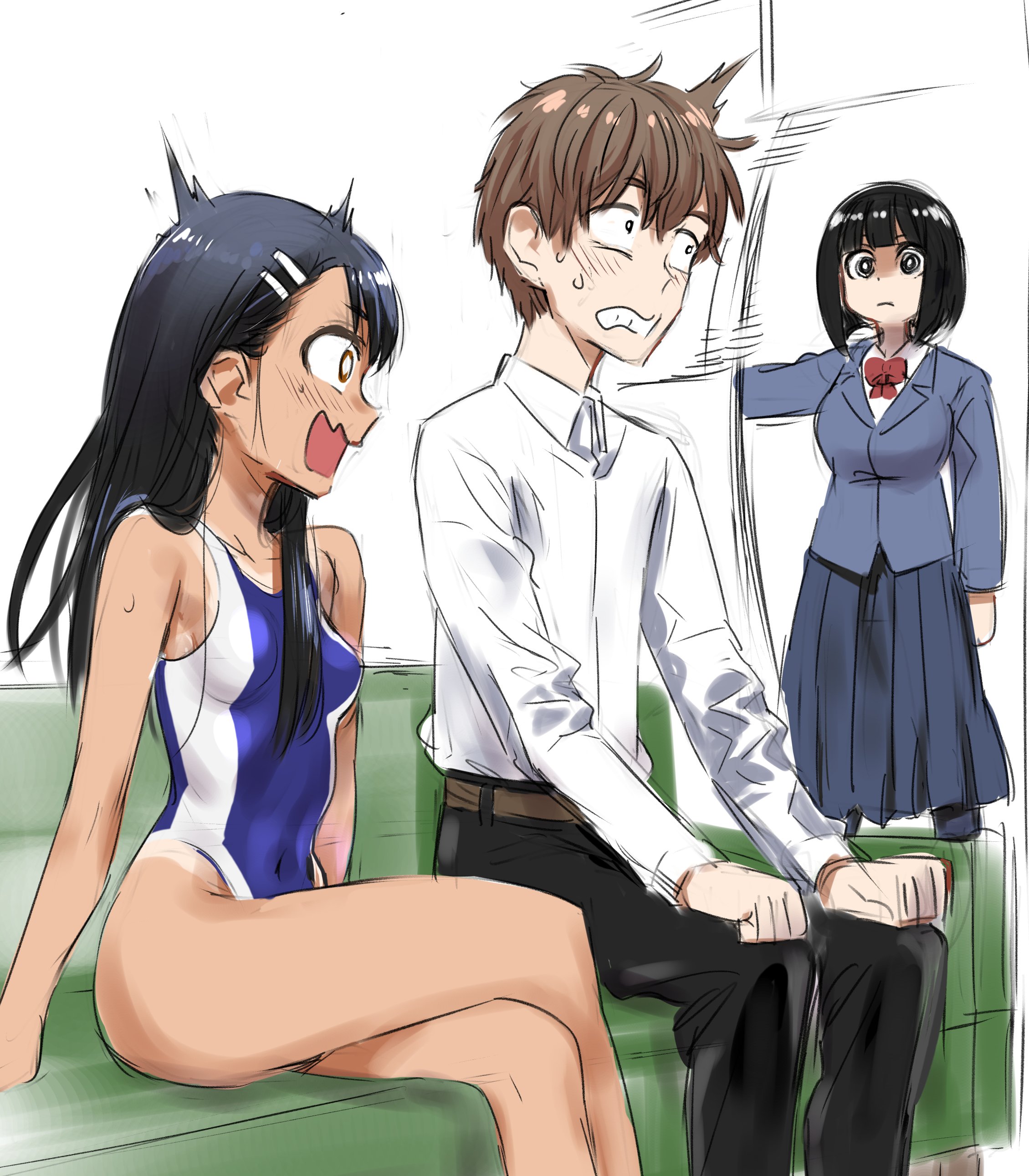 1boy, 2girls, 774 (nanashi), big breasts, black hair, blush, breasts, brown eyes, brown hair, clothed, clothing, female, hana sunomiya, hayase nagatoro, hi res, highres, long hair, looking at viewer, male, medium hair, multiple females, multiple girls, naoto hachioji (senpai), official art, open mouth, please don't bully me, nagatoro, revealing clothes, short hair, simple background, small breasts, tan, tan body, tan skin, tan-skinned female, tanline, tanned, tanned female, white background
