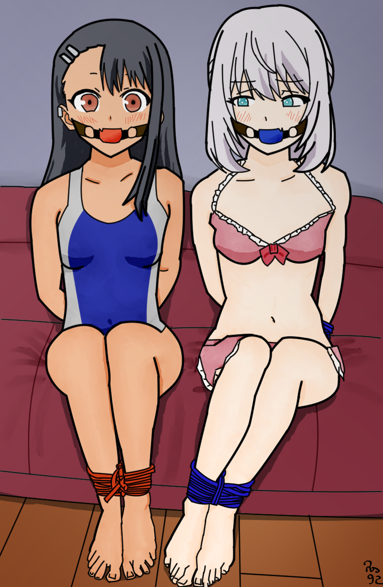 2girls black_hair bondage breasts brown_eyes clothed clothing crossover female female_only gag gagged hayase_nagatoro hi_res highres long_hair medium_hair multiple_girls navel please_don't_bully_me,_nagatoro revealing_clothes riverswitch92 rope silver_hair simple_background small_breasts swimsuit tan tan-skinned_female tan_body tan_skin tanned tanned_female tejina_senpai tejina_senpai_(character) underwear