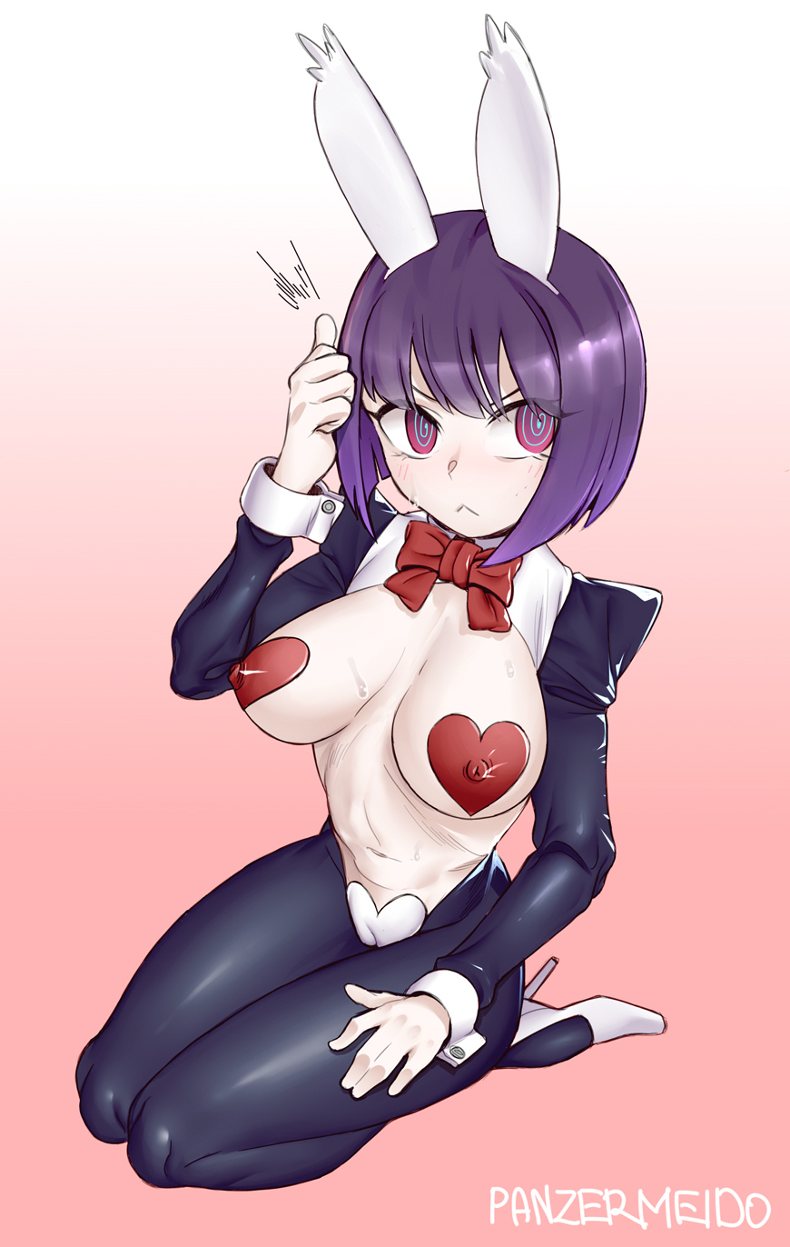 1girls, big breasts, bob cut, breasts, bunny ears, bunnysuit, clothed, clothing, curvy, female, female focus, female only, hana sunomiya, hi res, high heels, highres, kneeling, looking at viewer, medium hair, navel, panzermeido, pink eyes, please don't bully me, nagatoro, purple hair, revealing clothes, simple background, solo, solo female, watermark, wide hips
