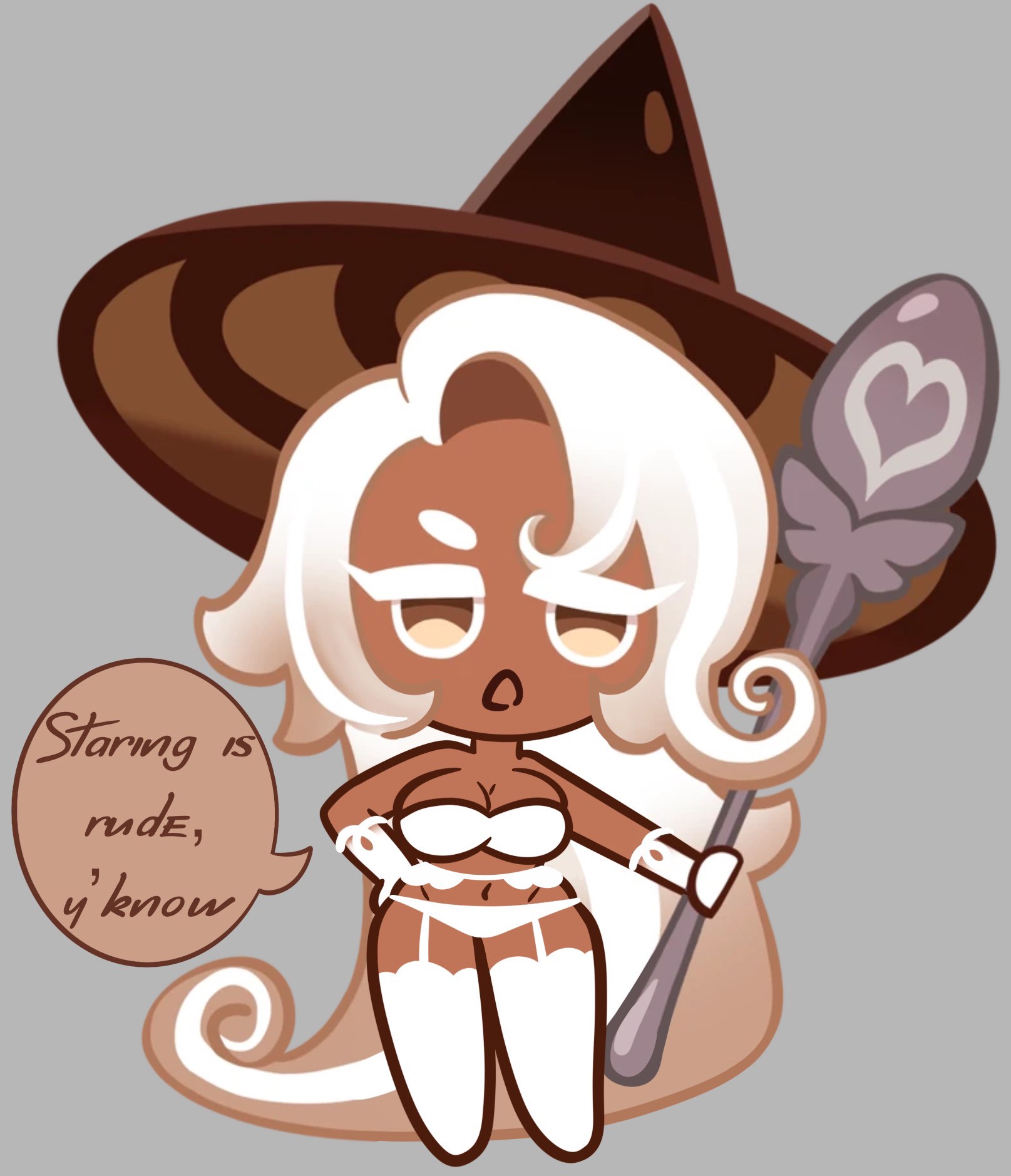 breasts, cookie run, dialogue, female, female only, latte cookie (cookie run), lingerie, mouth open, partially clothed, sfw, text bubble, white hair