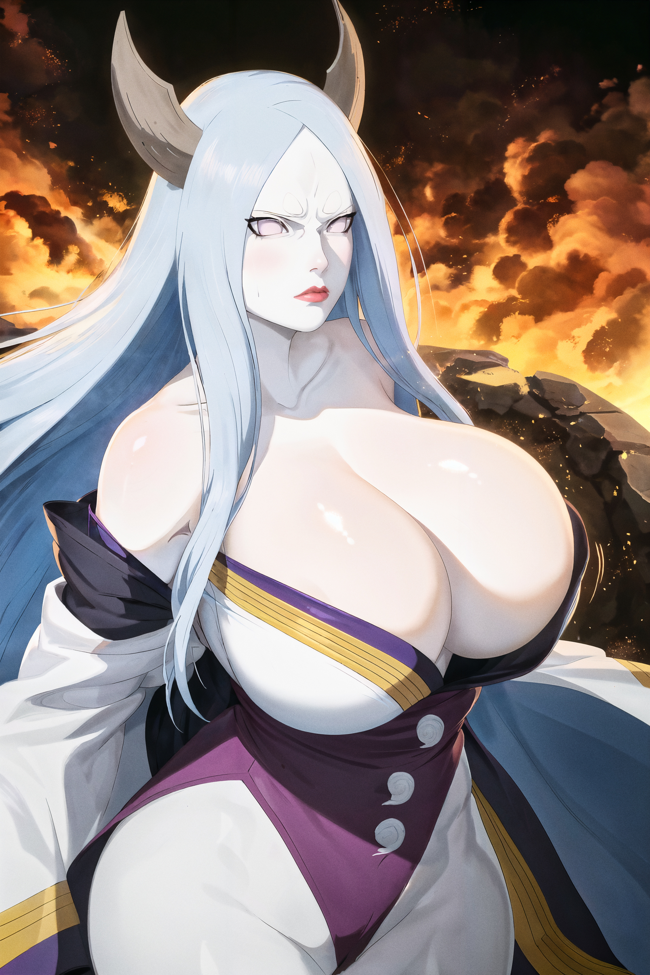1girls, absurd res, ai generated, aimirin, alien, alternate breast size, angry, bare shoulders, big breasts, blush, breasts, cleavage, clothing, collarbone, curvy, eyelashes, female, female focus, female only, glowing, hips, horn, huge breasts, humanoid, kimono, large breasts, lips, lipstick, makeup, milf, naruto, naruto (series), naruto shippuden, off shoulder, otsutsuki kaguya, pinup, red lipstick, revealing clothes, rock, skimpy, smoke, solo, solo female, stable diffusion, very long hair, voluptuous, white eyes, white hair, white skin, wide hips
