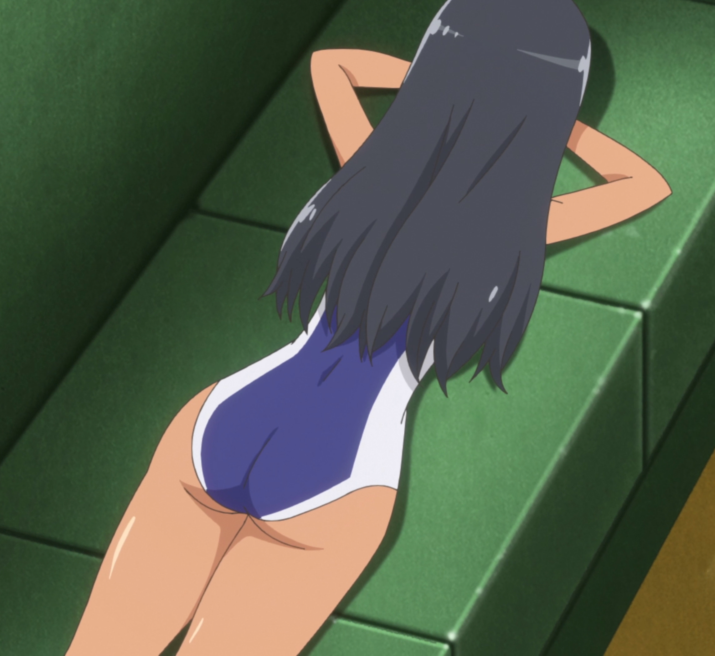 1girls, 774 (nanashi), accurate art style, ass, black hair, blush, breasts, clothed, clothing, female, female focus, female only, hayase nagatoro, hi res, highres, long hair, please don't bully me, nagatoro, revealing clothes, screencap, simple background, small breasts, smile, solo, swimsuit, tan, tan body, tan skin, tan-skinned female, tanned, tanned female