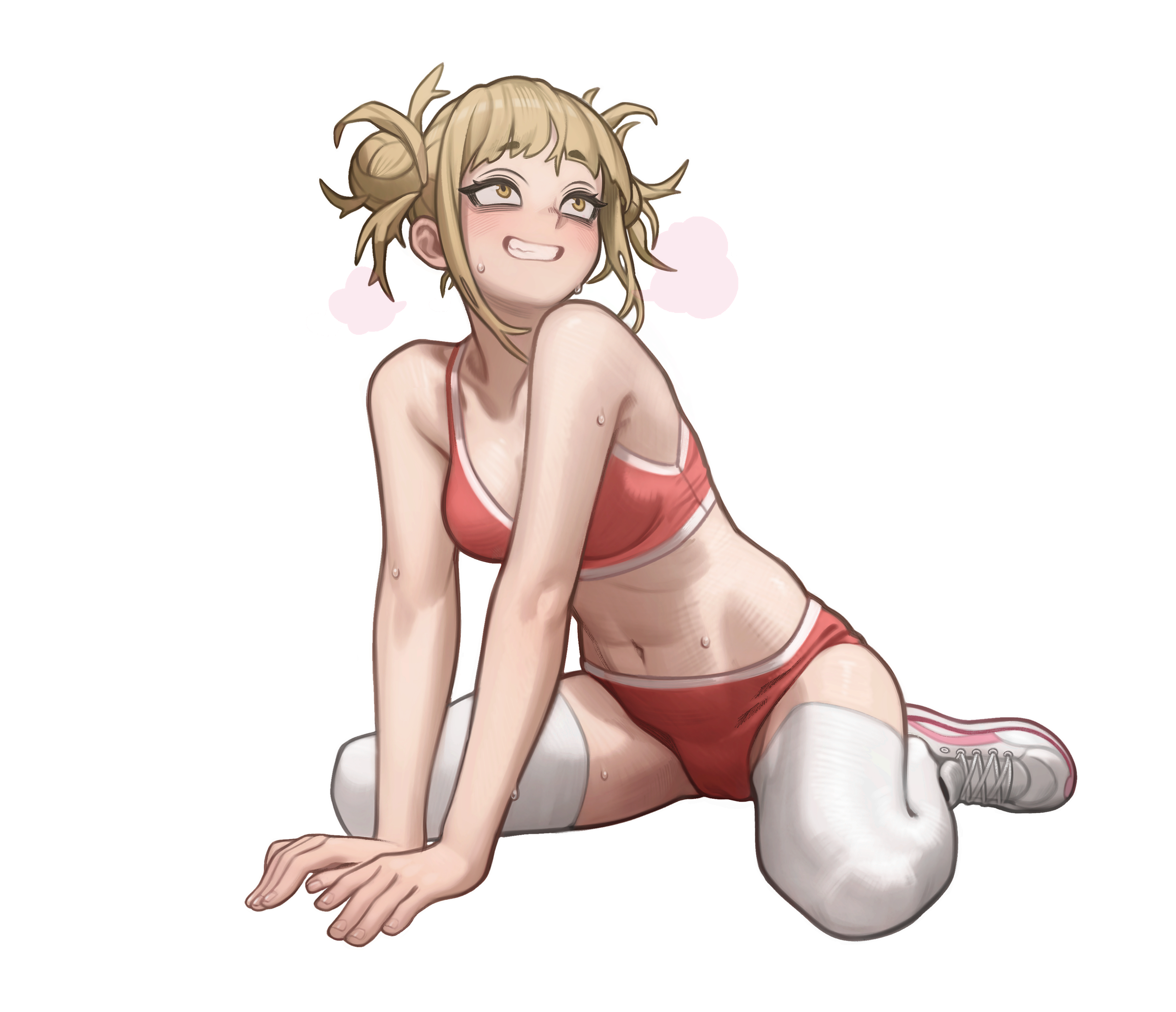 1girls, bags under eyes, blonde hair, blonde-haired female, blush, booty shorts, bra, clothing, female, female only, hair bun, himiko toga, kneeling, lentiyay, matching underwear, messy hair, my hero academia, panties, red bra, red panties, shoes, smile, socks, socks and shoes, solo, sports bra, sportswear, spread legs, teeth showing, thigh socks, thighhighs, toned, toned female, twin buns, very high resolution, white background, white legwear, white socks, white thighhighs, wide hips, yellow eyes