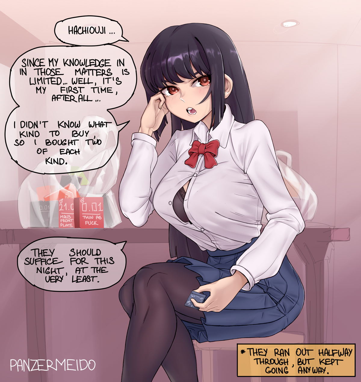 1girls, big breasts, breasts, clothed, clothing, condom, curvy, english text, female, female focus, female only, hi res, highres, long hair, looking at viewer, naoto hachioji (senpai), open mouth, panzermeido, please don't bully me, nagatoro, president (nagatoro), purple hair, red eyes, revealing clothes, sana sunomiya, simple background, solo, solo female, text, watermark, wide hips