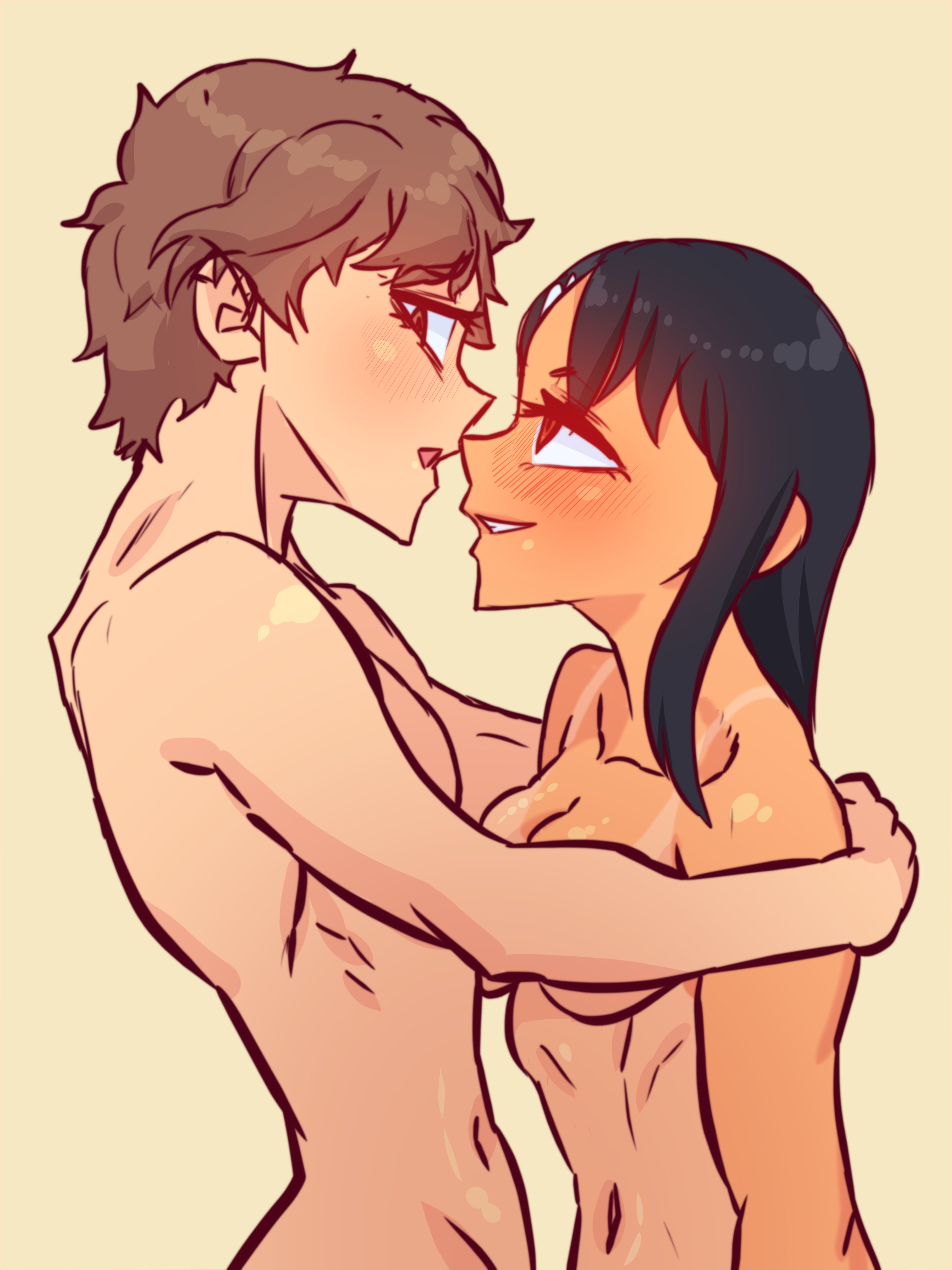 1boy, 1girls, black hair, breasts, brown eyes, brown hair, female, hayase nagatoro, hi res, highres, hugging, lexart thighzzzz, long hair, love, male, medium breasts, naoto hachioji (senpai), navel, nude, open mouth, please don't bully me, nagatoro, romantic, short hair, simple background, smile, standing, tan, tan body, tan skin, tan-skinned female, tanned, tanned female