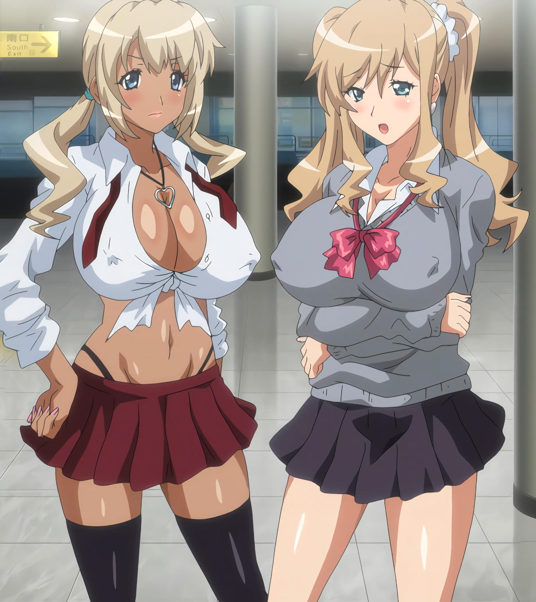 2girls, blonde hair, blue eyes, breasts, bunnywalker, cleavage, clothing, dark skin, dark-skinned female, erect nipples, erect nipples under clothes, female, gyaru, imouto bitch ni shiboraretai, large breasts, multiple females, multiple girls, nipples, open mouth, screencap, screenshot, skirt, t-rex (animation studio), thighhighs, thighs, tummy