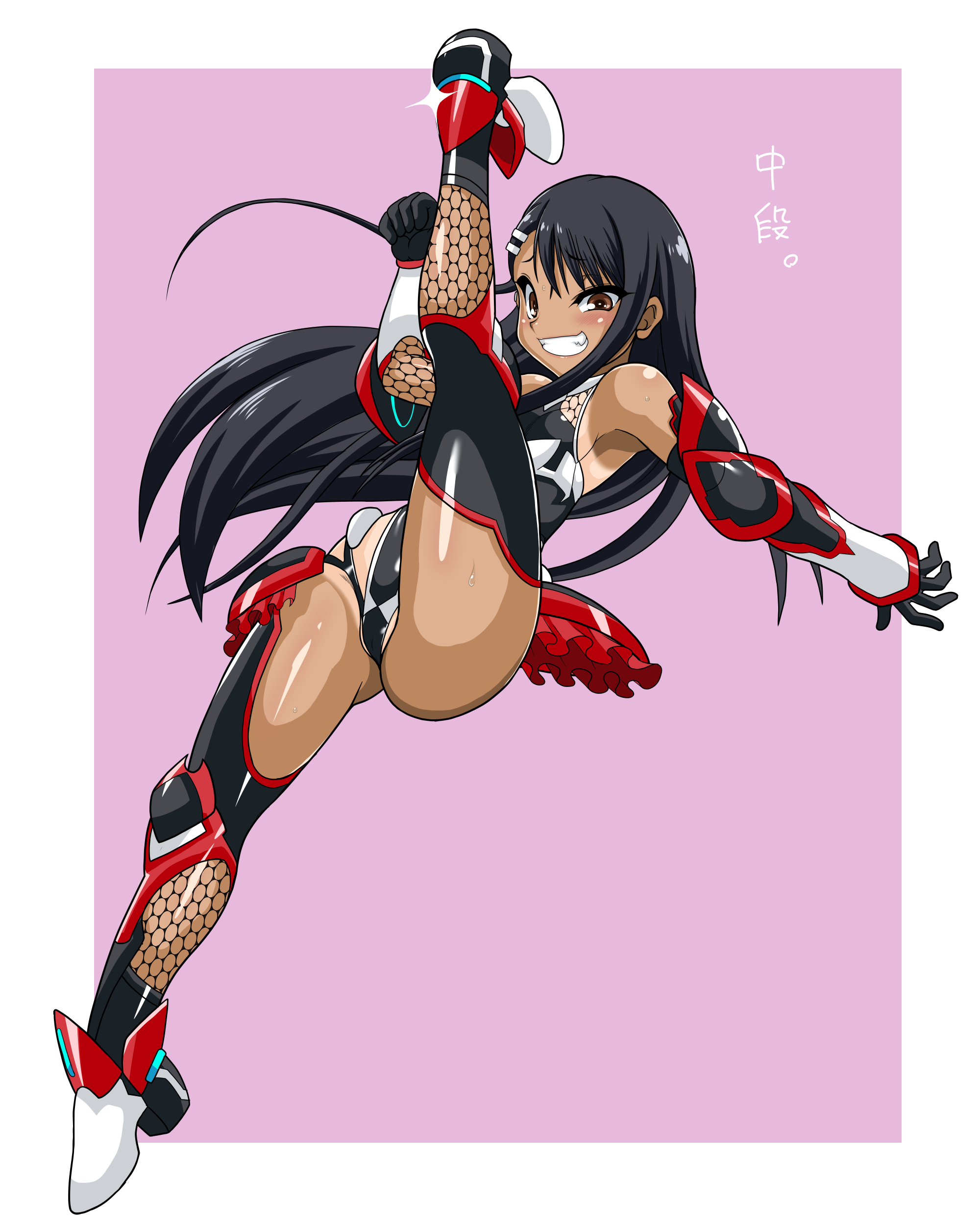 1girls, artist request, black hair, breasts, brown eyes, clothed, clothing, costume, crossover, female, female focus, female only, hayase nagatoro, hi res, highres, long hair, looking at viewer, mizuki yukikaze, please don't bully me, nagatoro, pose, revealing clothes, simple background, small breasts, smile, solo, spread legs, taimanin (series), tan, tan body, tan skin, tan-skinned female, tanned, tanned female