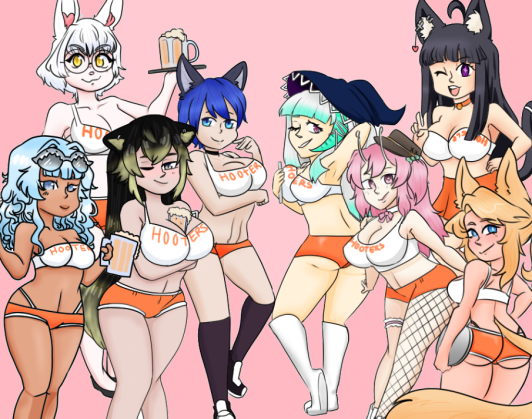 akadoofy antennae awielboofkitty beaniethesnail beer bell_collar berylvegha black_and_green_hair black_hair black_legwear blue_eyes blue_hair blush bowtie bunny_ears cat_ears cat_tail collar cyan_eyes cyan_hair fishnets fox_ears fox_tail hat heels hooters_uniform kiyomizuakua lenairhead pink_eyes pink_hair plate purple_eyes shoes slumpneko vunnibunni white_and_blue white_hair white_legwear wink witch_hat yellow_eyes yellow_hair