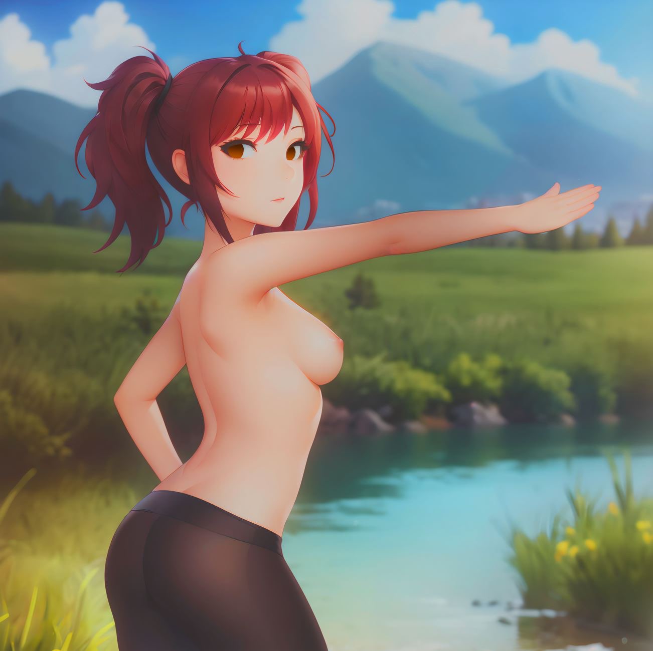 1girls ai_generated arm_outstretched atlus breasts brown_hair darklinghorny female female_only kujikawa_rise leggings light-skinned_female looking_at_viewer mountains nai_diffusion nipples outdoor_toplessness outdoors outstretched_arm persona persona_4 sky solo solo_female stable_diffusion topless topless_female twintails water