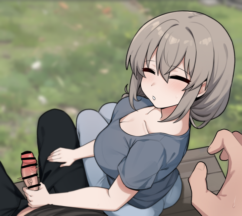 1boy 1girls bar_censor cleavage female hand_on_thigh handjob jorin light-skinned_female light-skinned_male light_skin looking_at_viewer male_pov milf outside park_bench pov public public_exposure public_handjob uzaki-chan_wa_asobitai! uzaki_tsuki